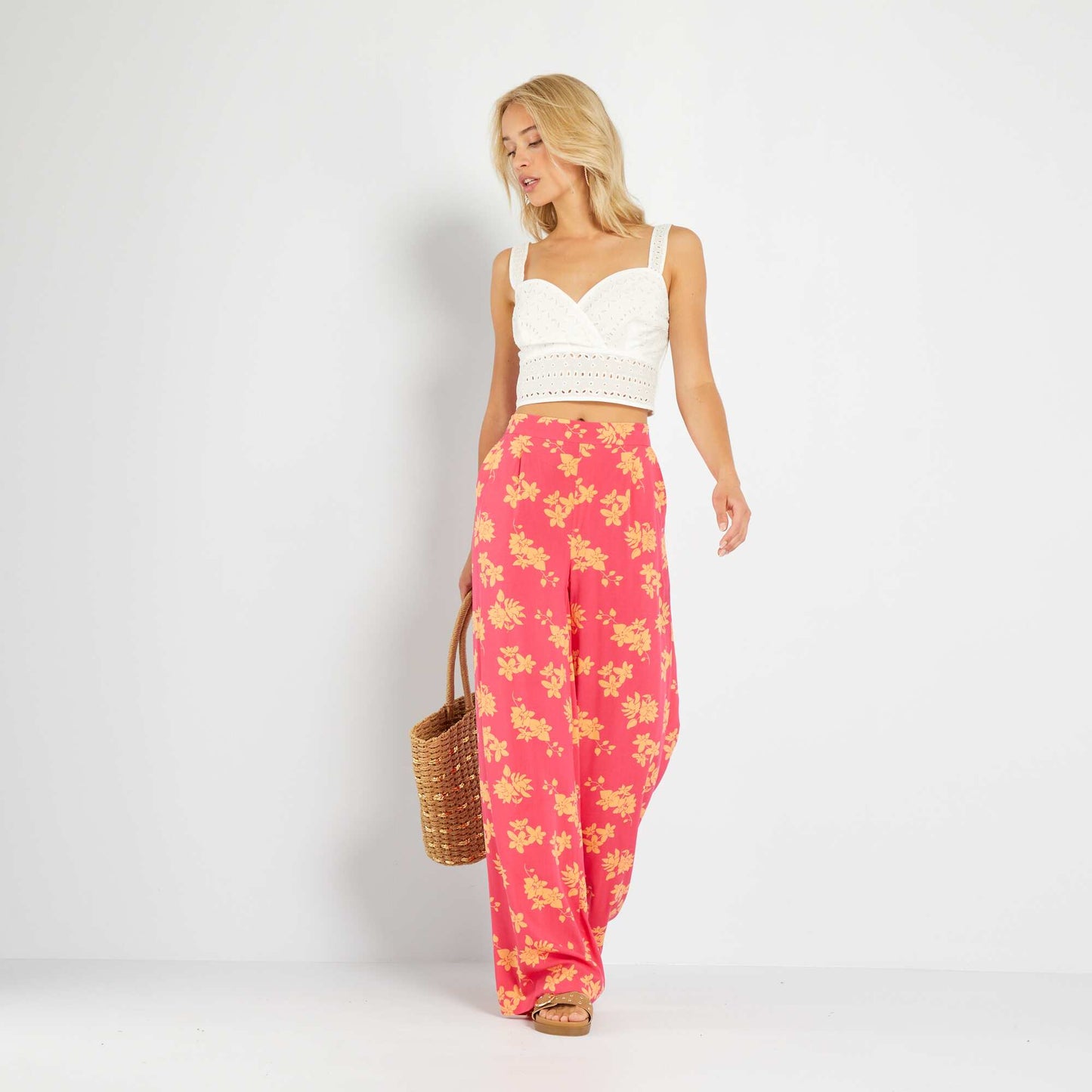 Pantalon large taille haute imprim Rose