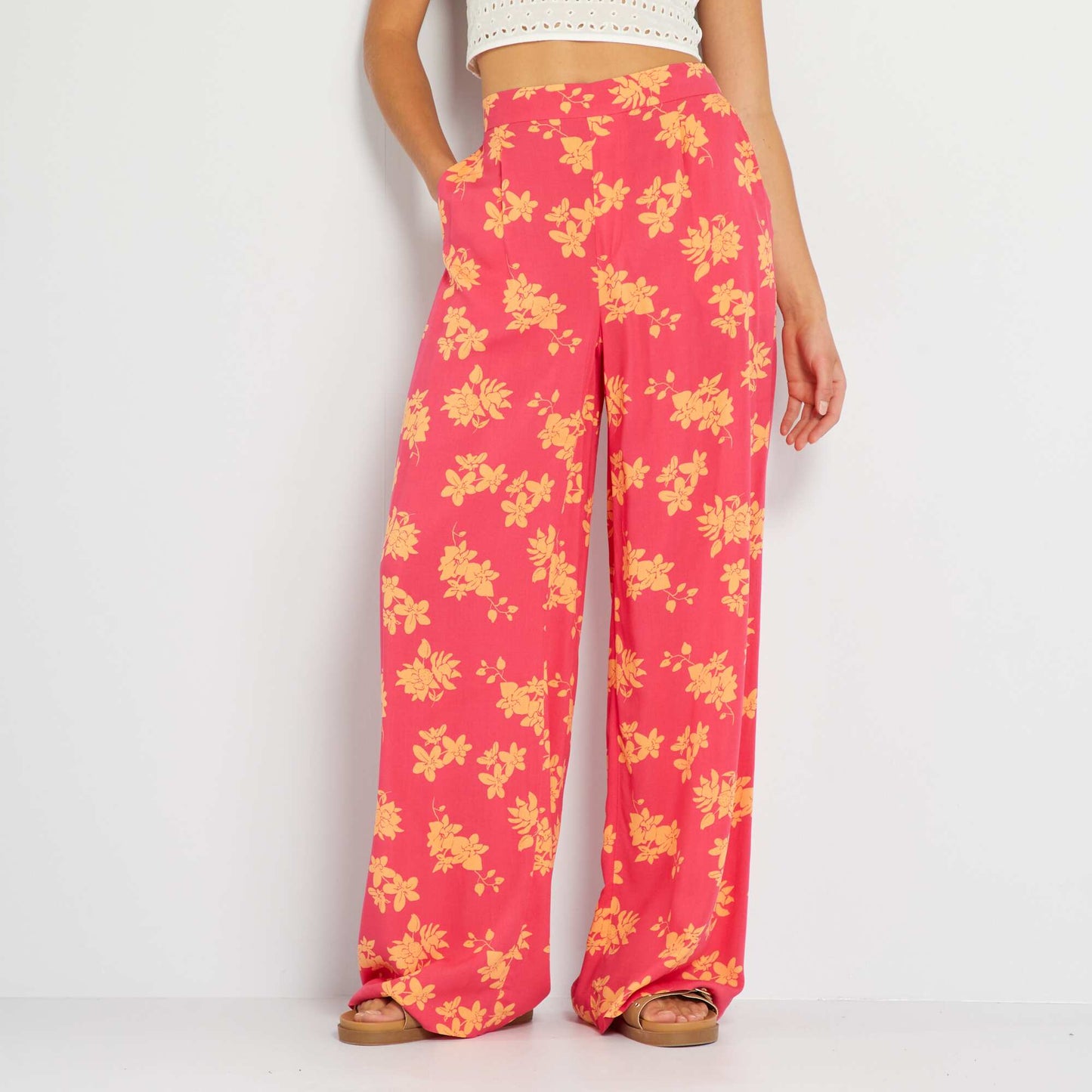 Pantalon large taille haute imprim Rose