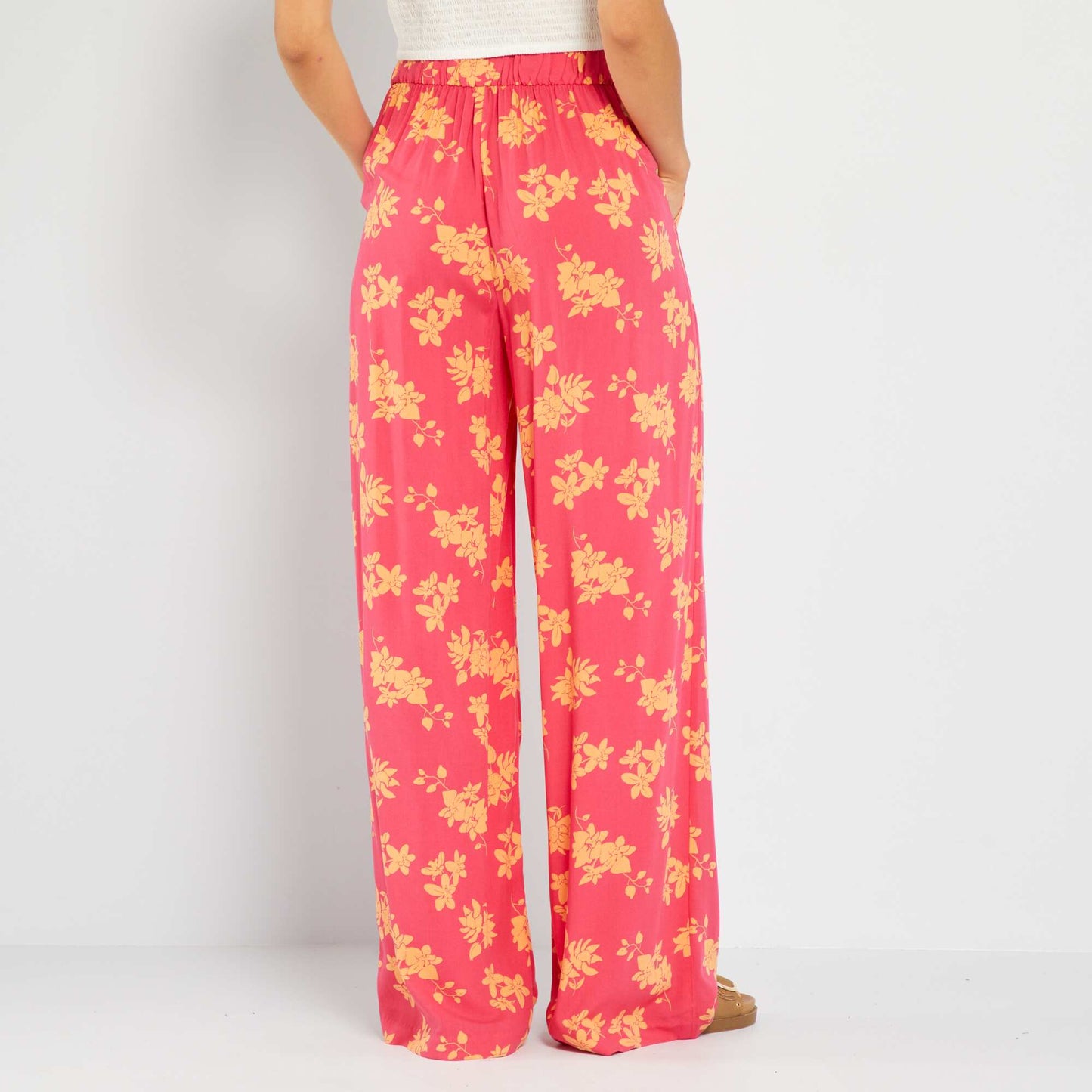 Pantalon large taille haute imprim Rose