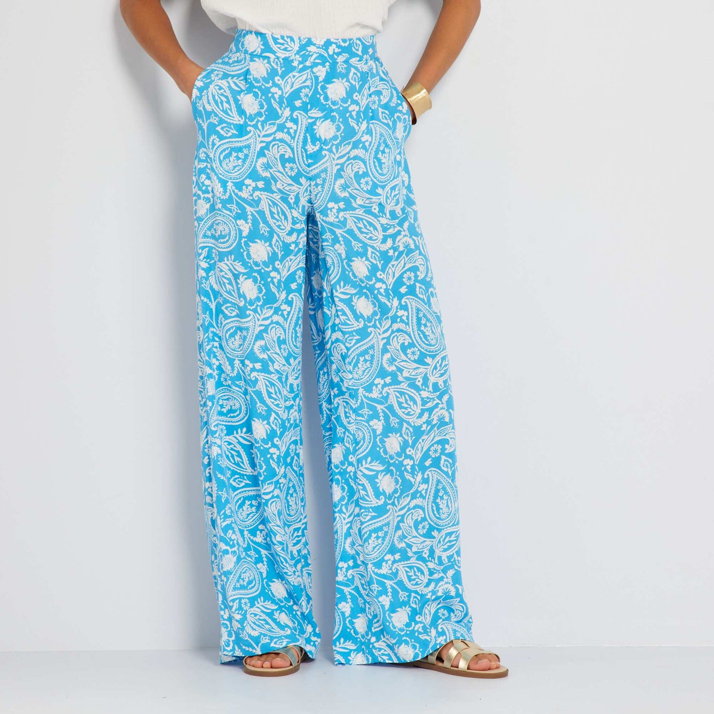 Pantalon large taille haute imprim Bleu