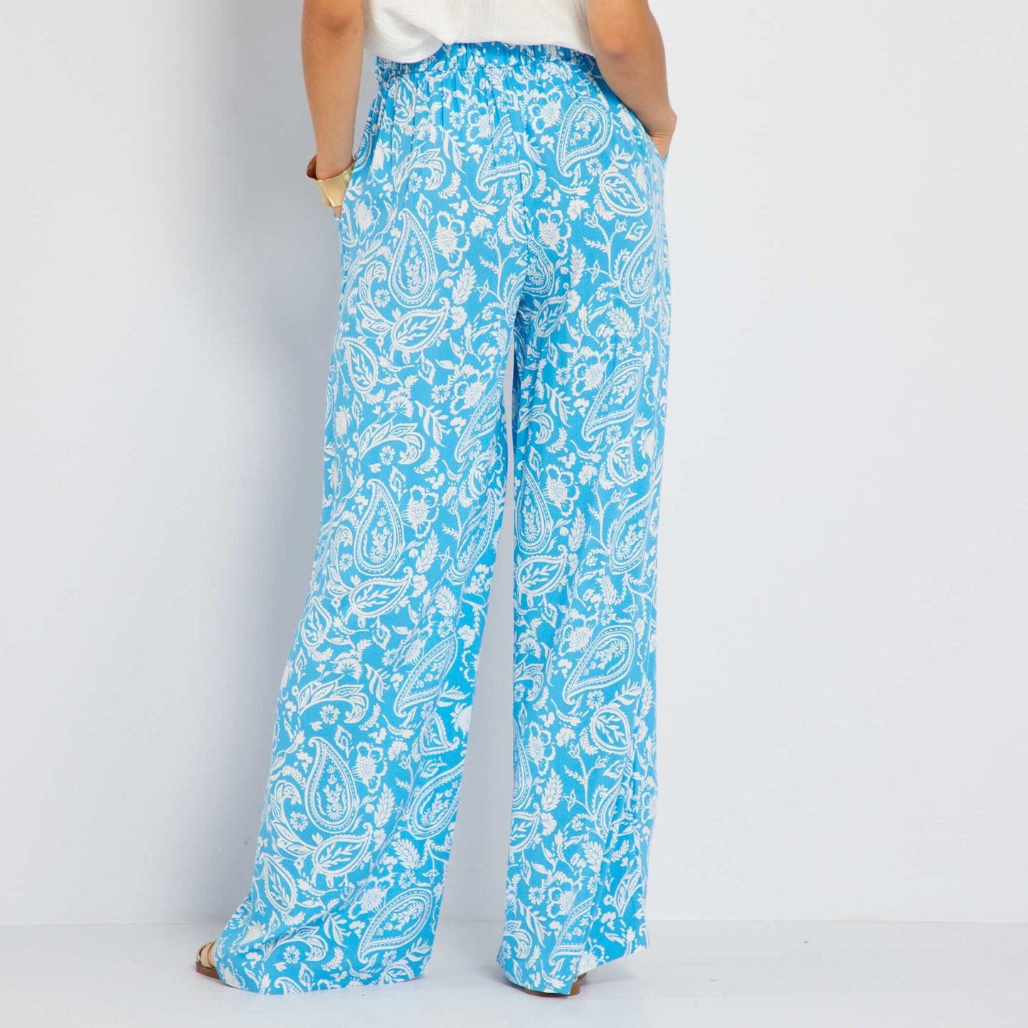 Pantalon large taille haute imprim Bleu