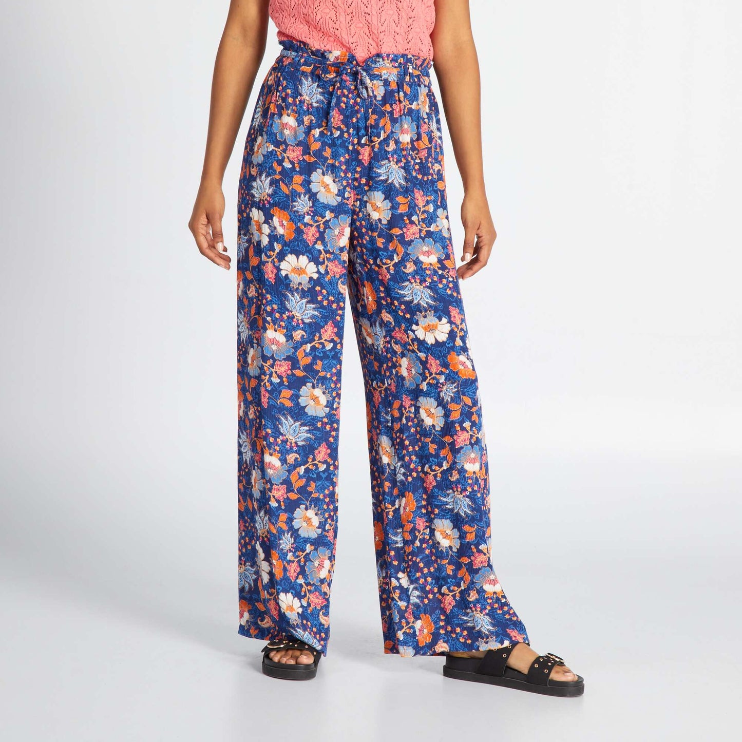 Pantalon loose en maille cr pe Bleu imprim