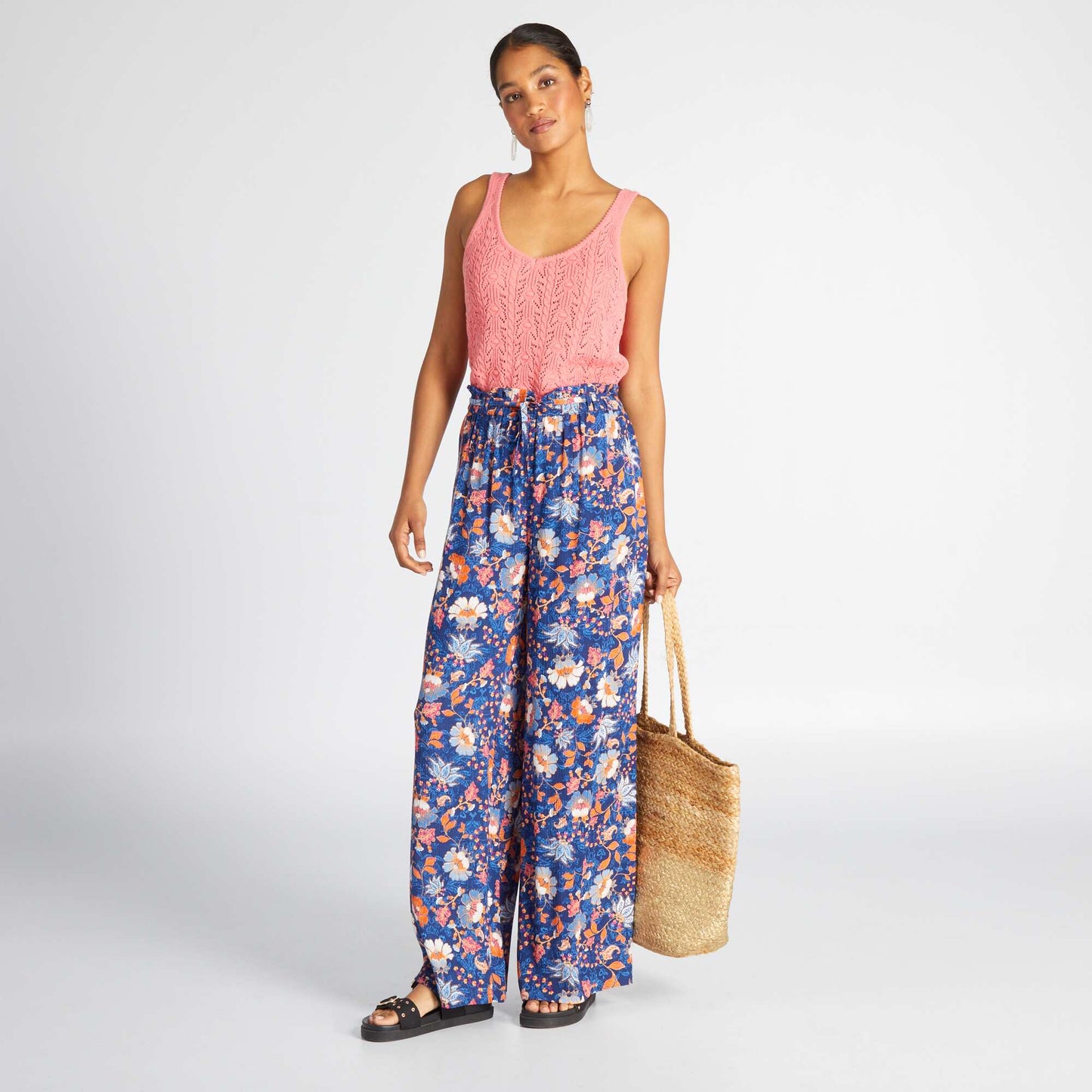 Pantalon loose en maille cr pe Bleu imprim