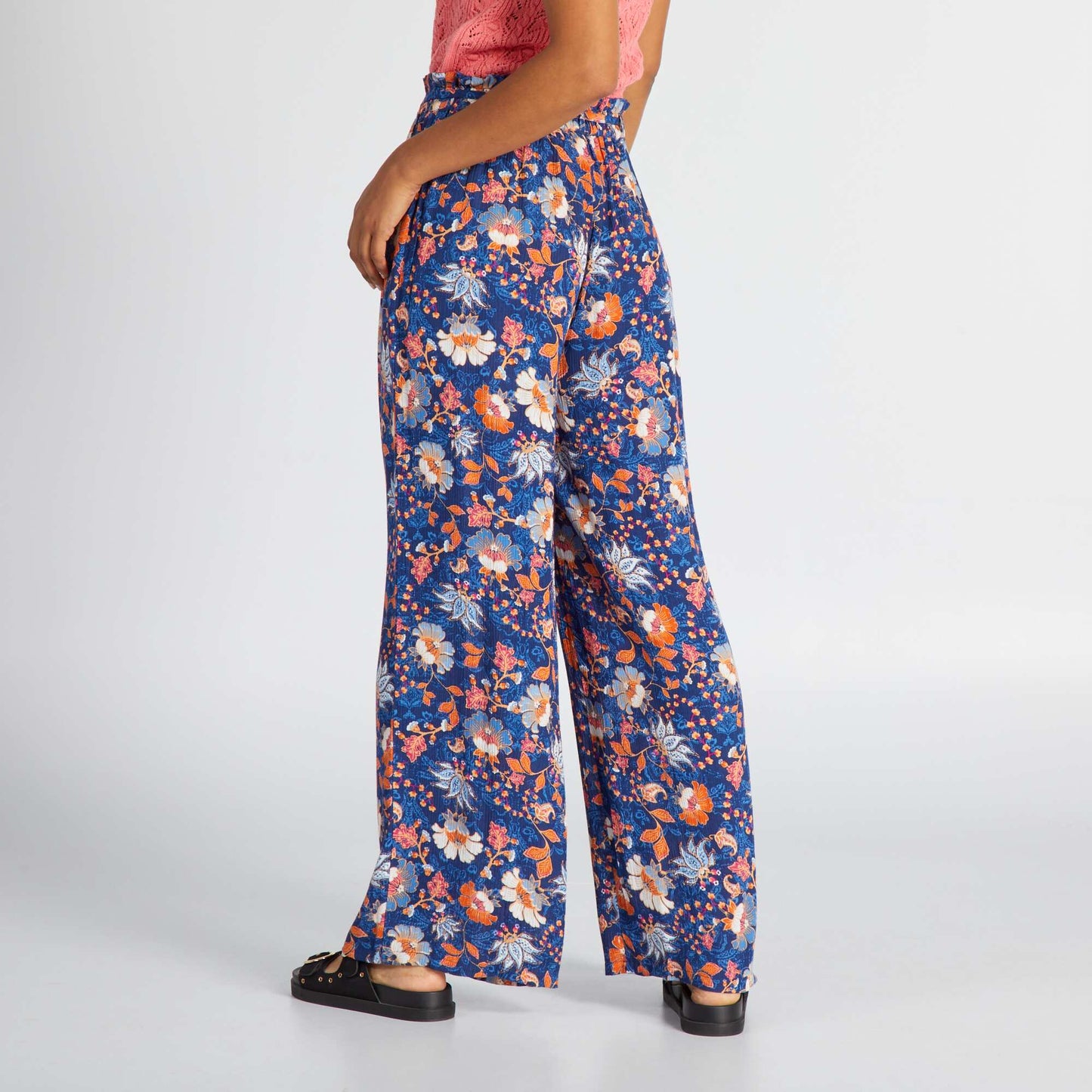 Pantalon loose en maille cr pe Bleu imprim