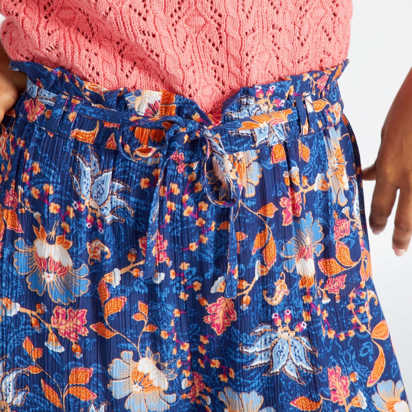 Pantalon loose en maille cr pe Bleu imprim
