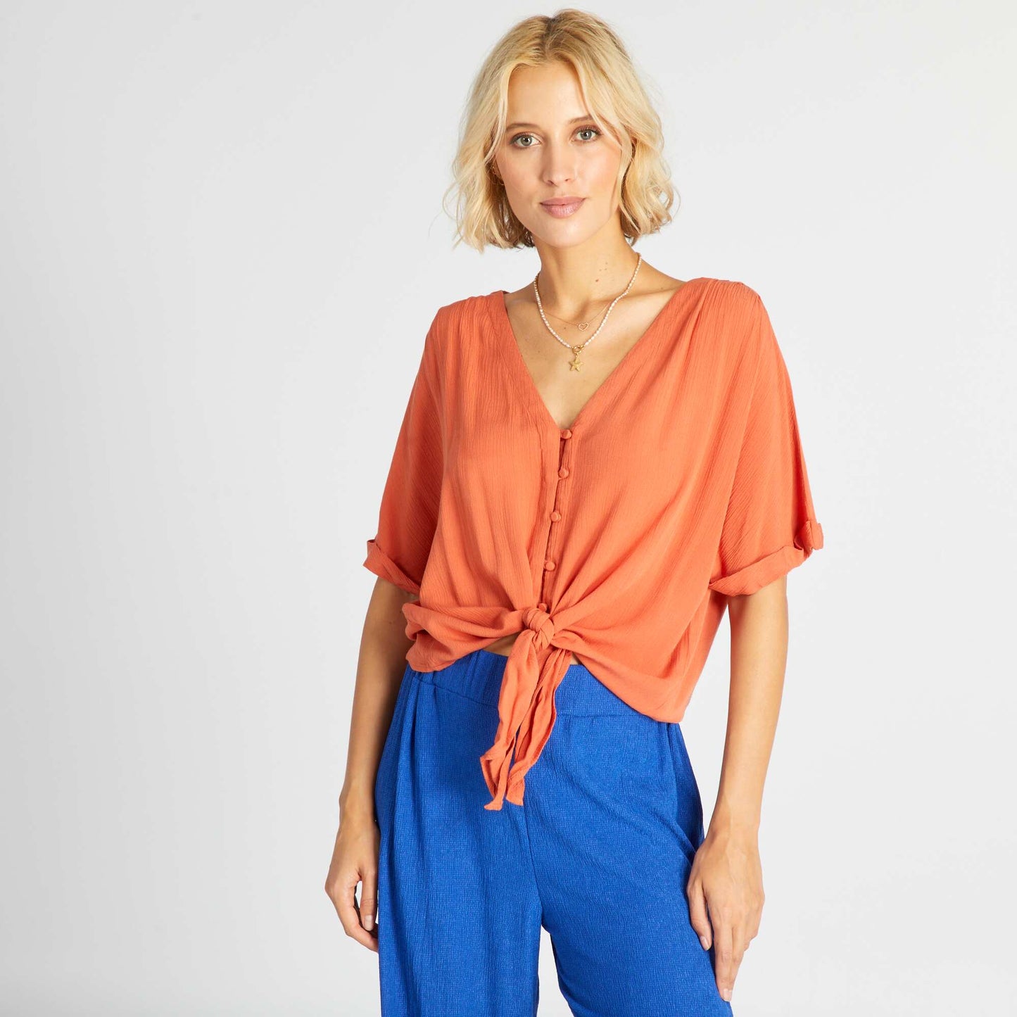 Chemisier fluide en maille cr p e orange