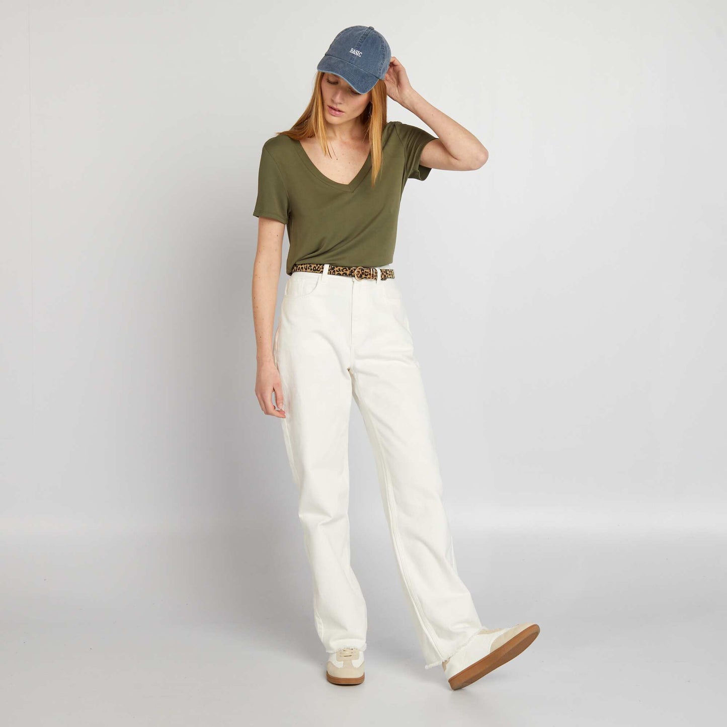 T-shirt stretch col V Kaki