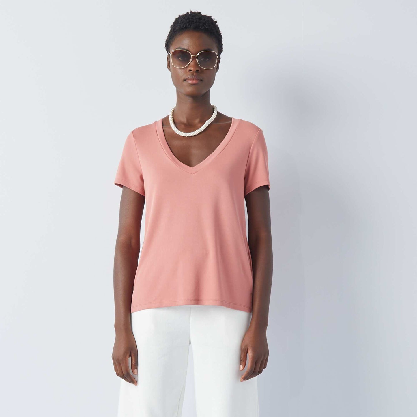 T-shirt stretch col V Rose