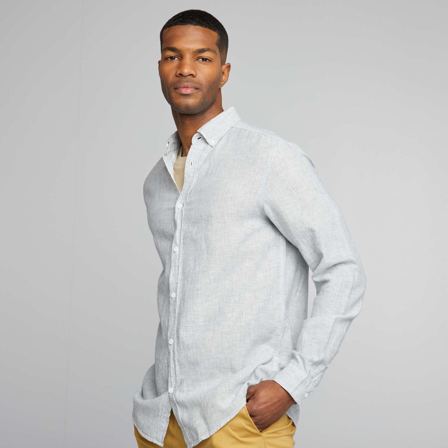 Chemise manches longues avec lin Vert rayures
