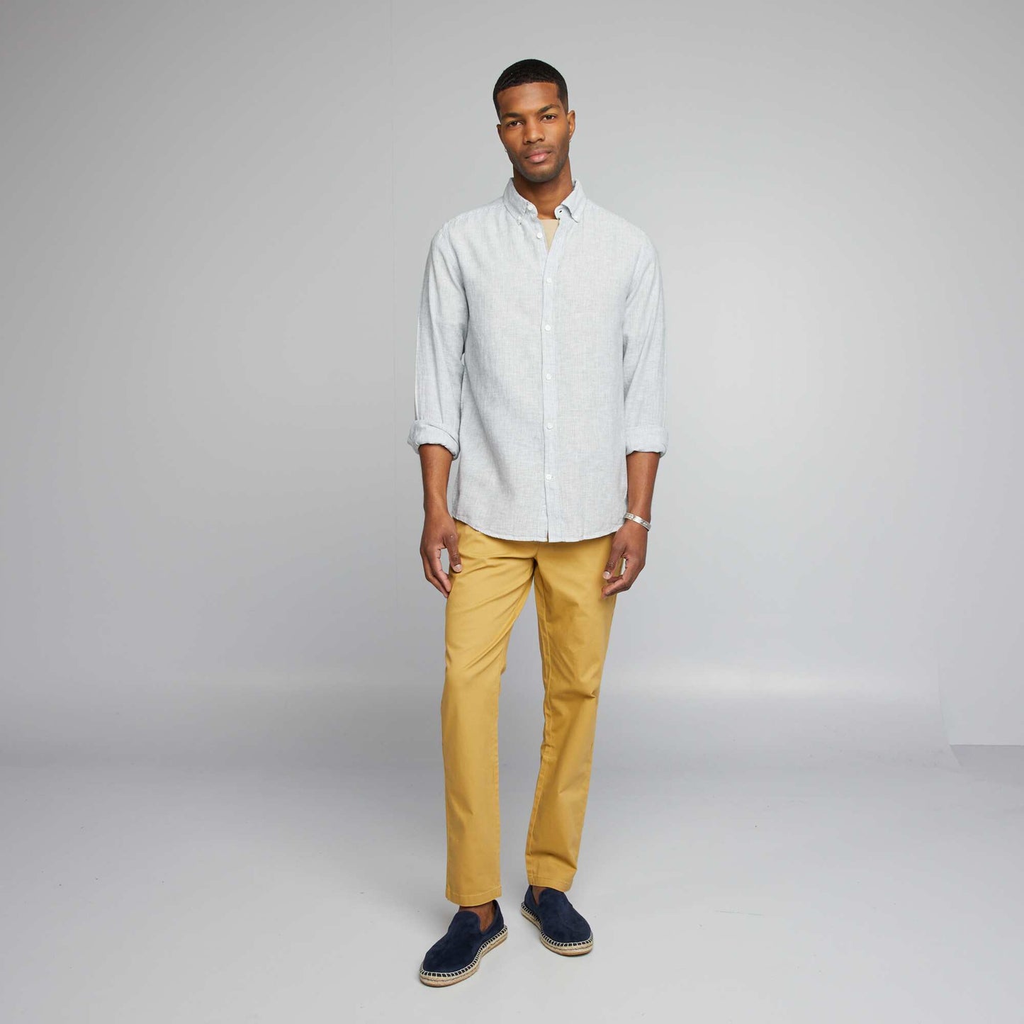 Chemise manches longues avec lin Vert rayures