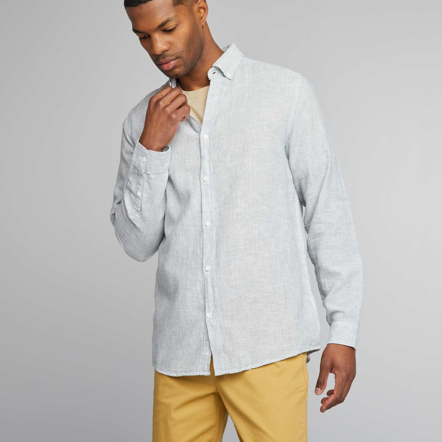 Chemise manches longues avec lin Vert rayures