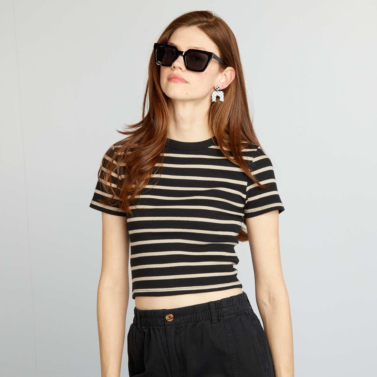 Tee-shirt crop top marini re Noir/beige
