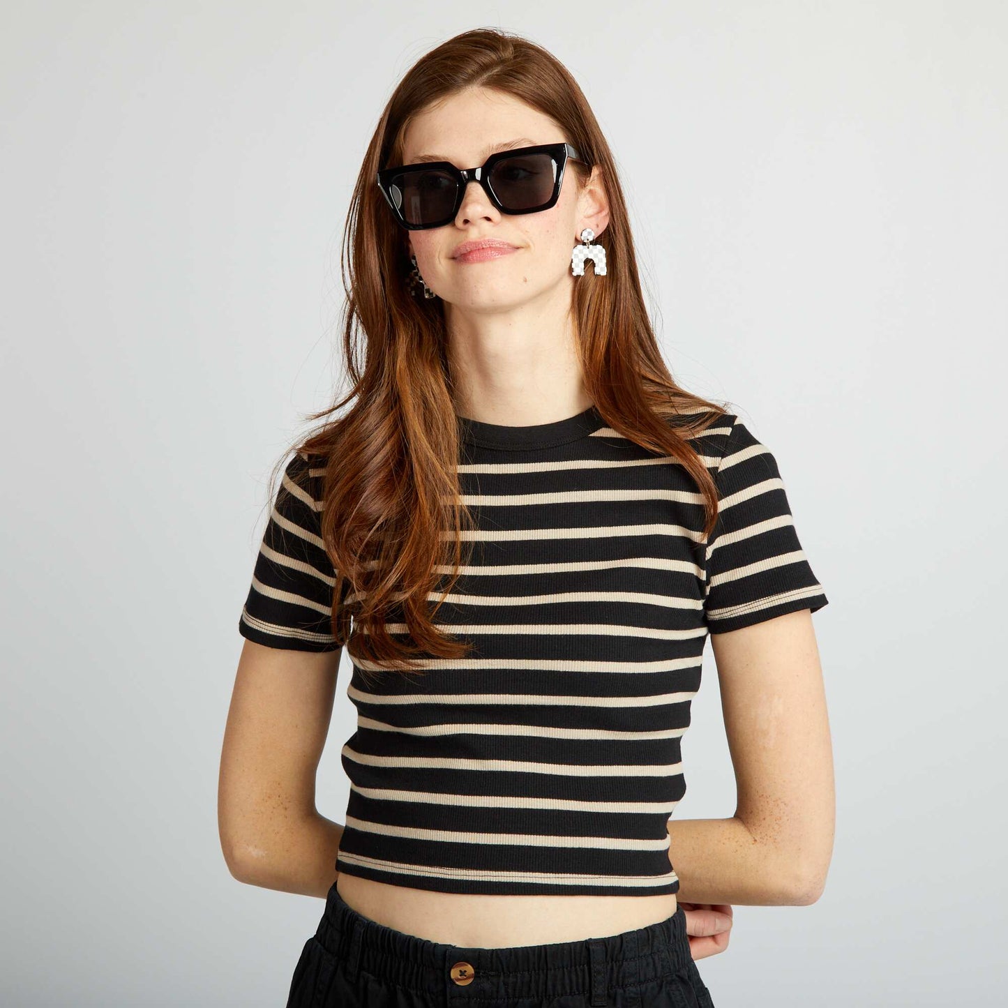 Tee-shirt crop top marini re Noir/beige