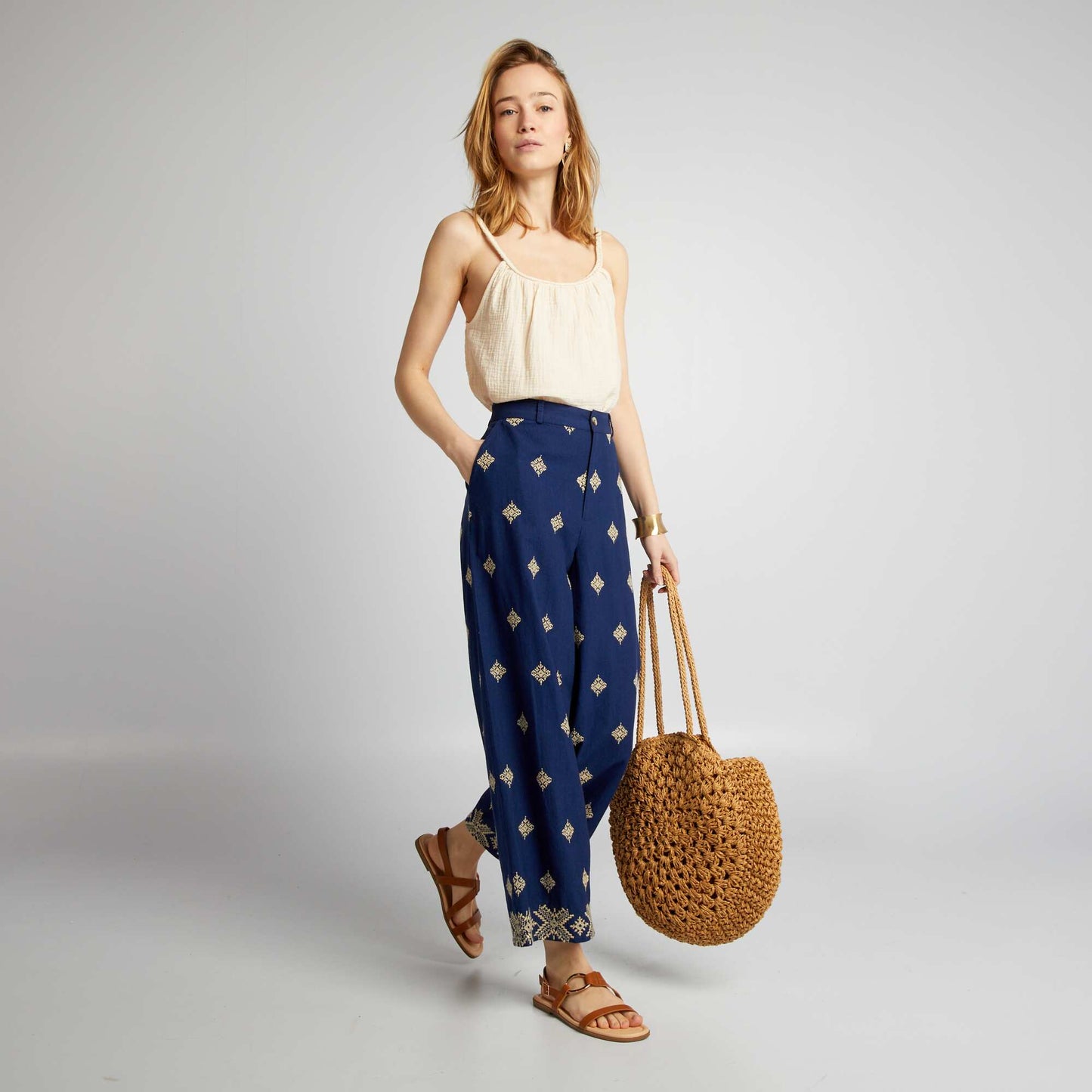 Top en gaze de coton bretelles tress es Beige
