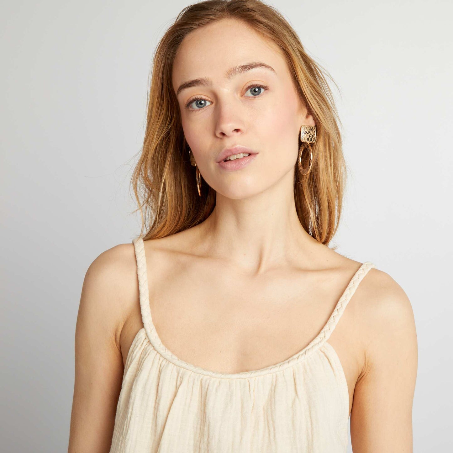 Top en gaze de coton bretelles tress es Beige