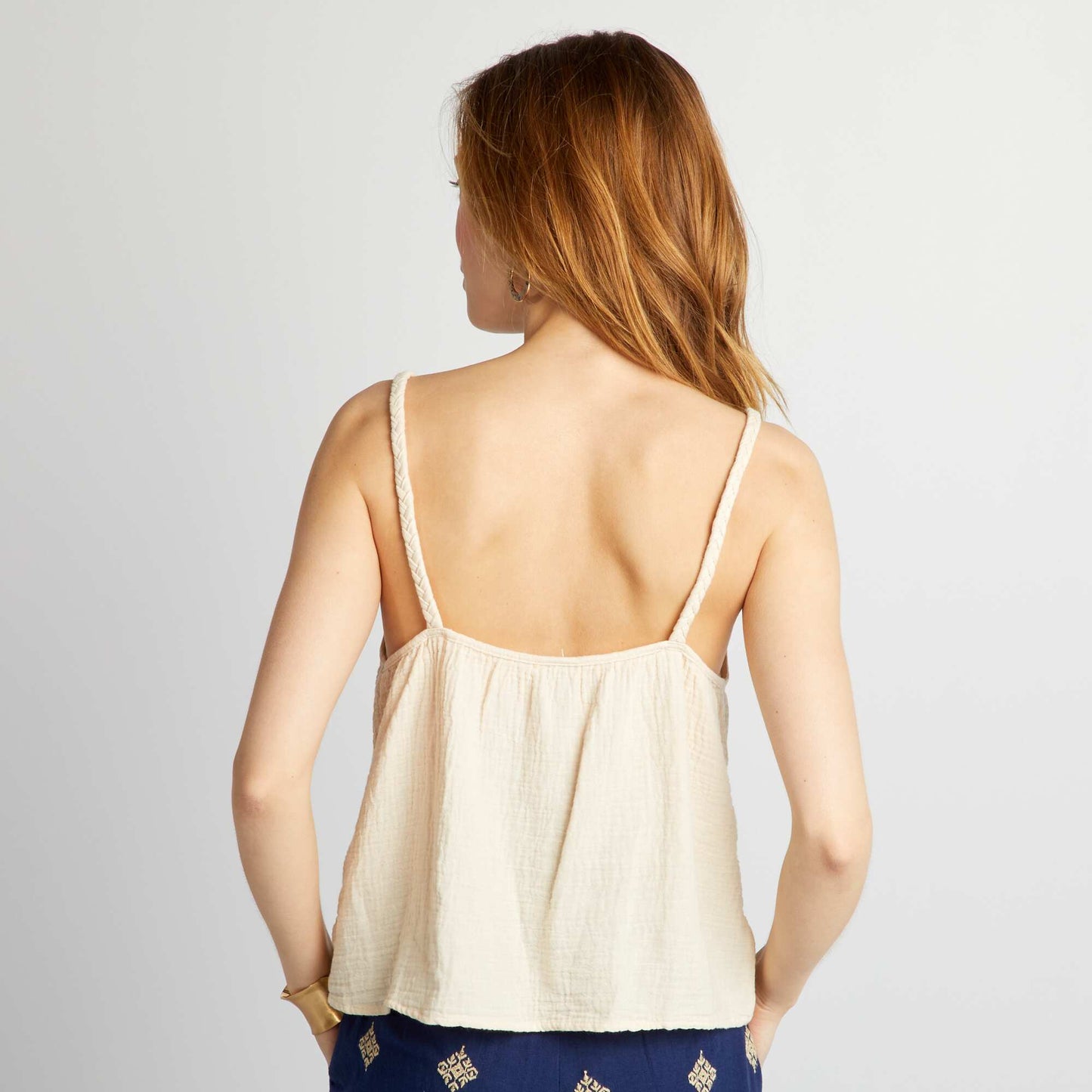 Top en gaze de coton bretelles tress es Beige
