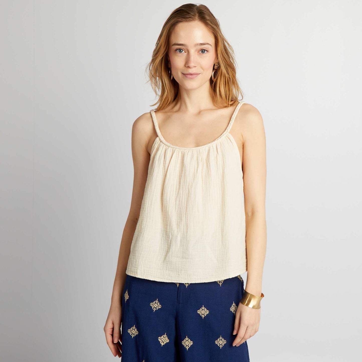 Top en gaze de coton bretelles tress es Beige