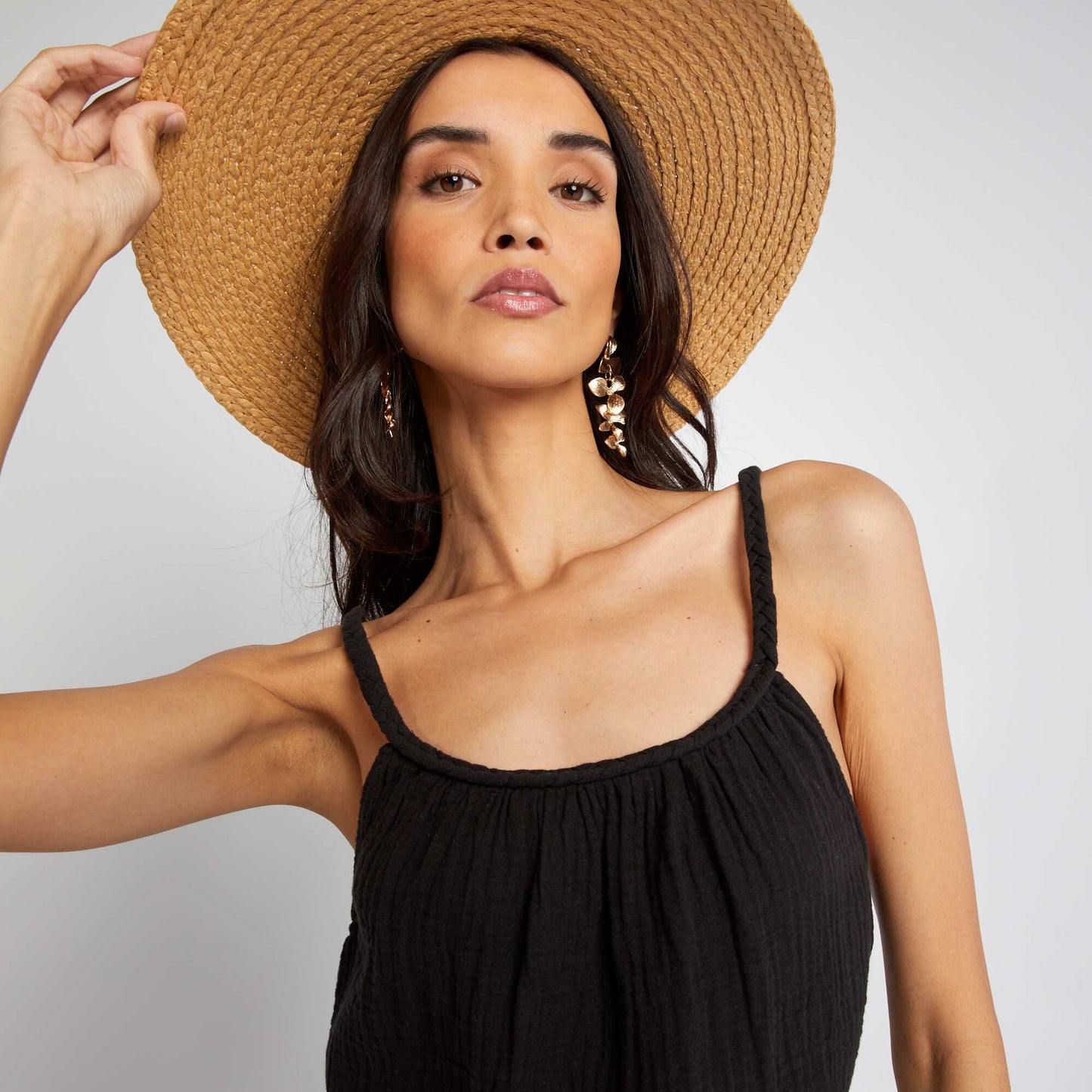 Top en gaze de coton bretelles tress es noir