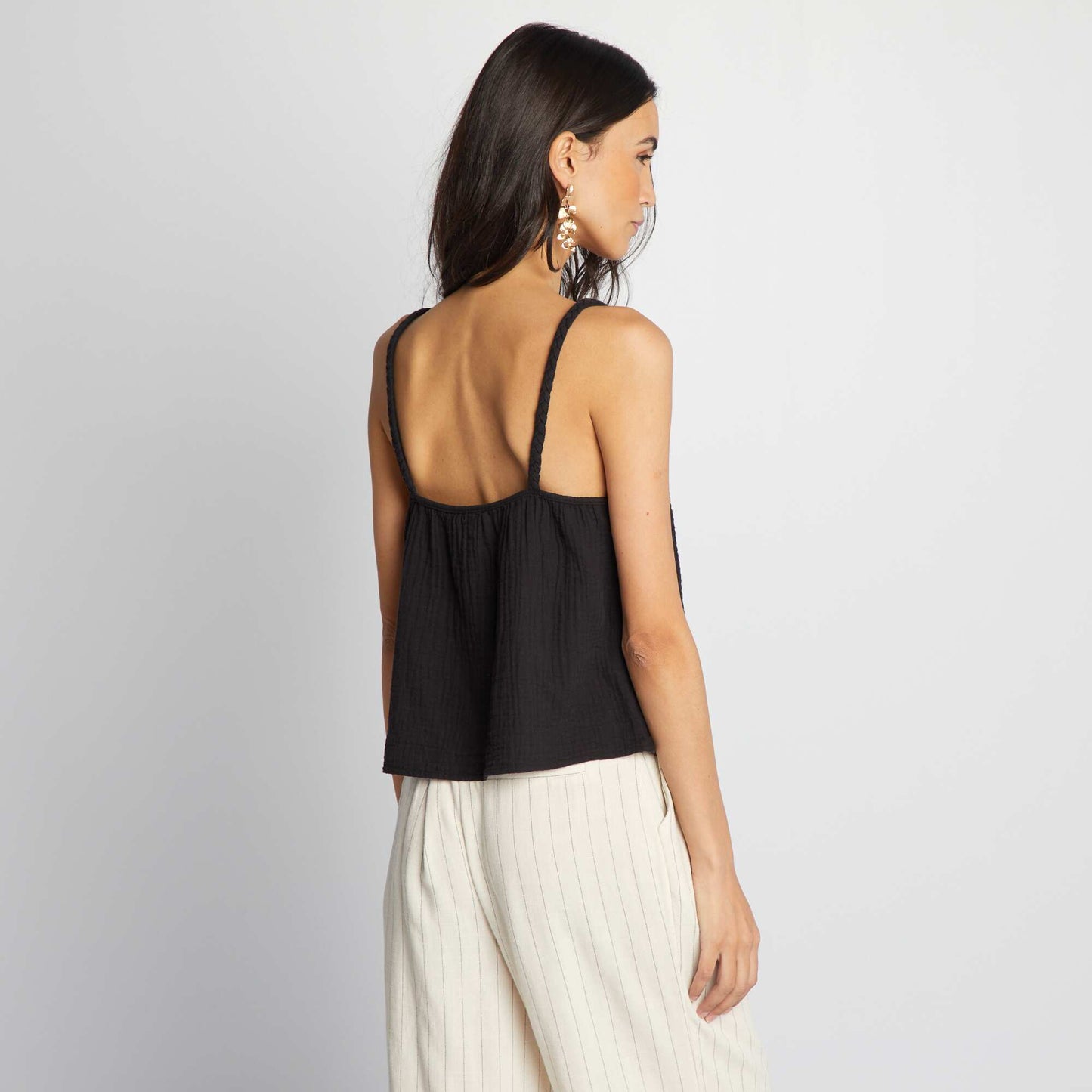 Top en gaze de coton bretelles tress es noir