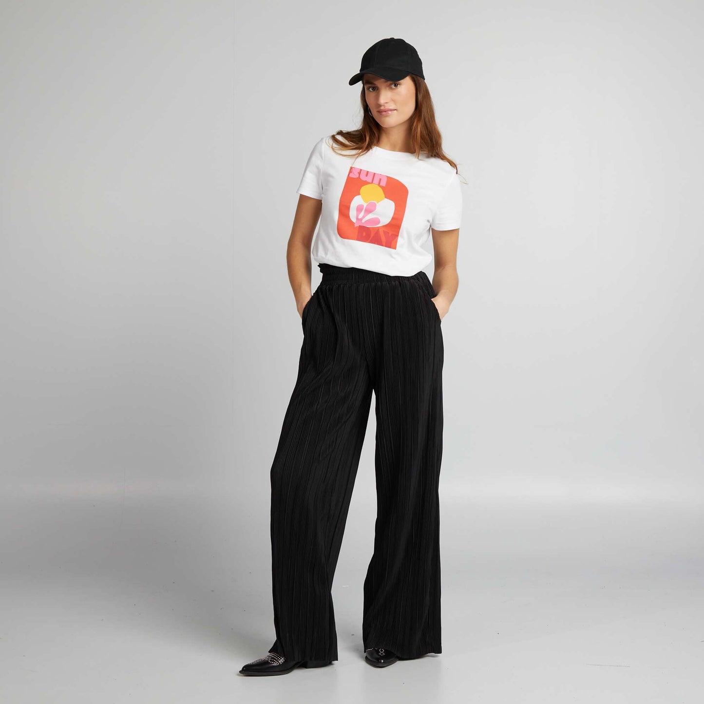 Pantalon en maille pliss e taille lastiqu e noir