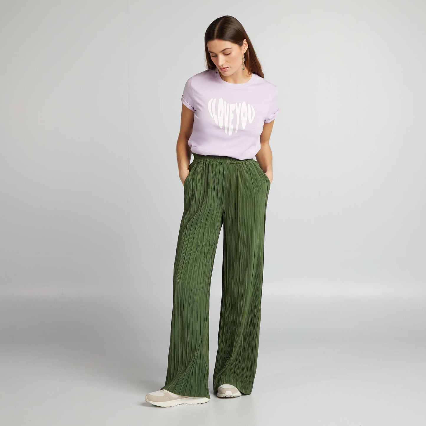 Pantalon en maille pliss e taille lastiqu e Vert