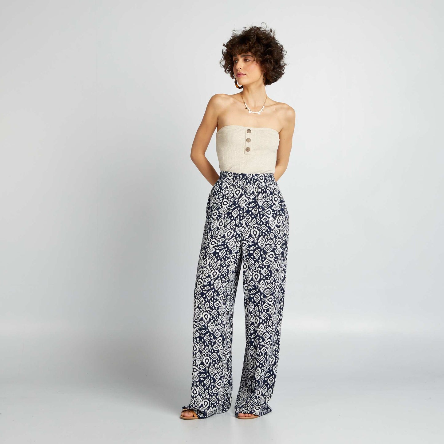 Pantalon large imprim Bleu marine