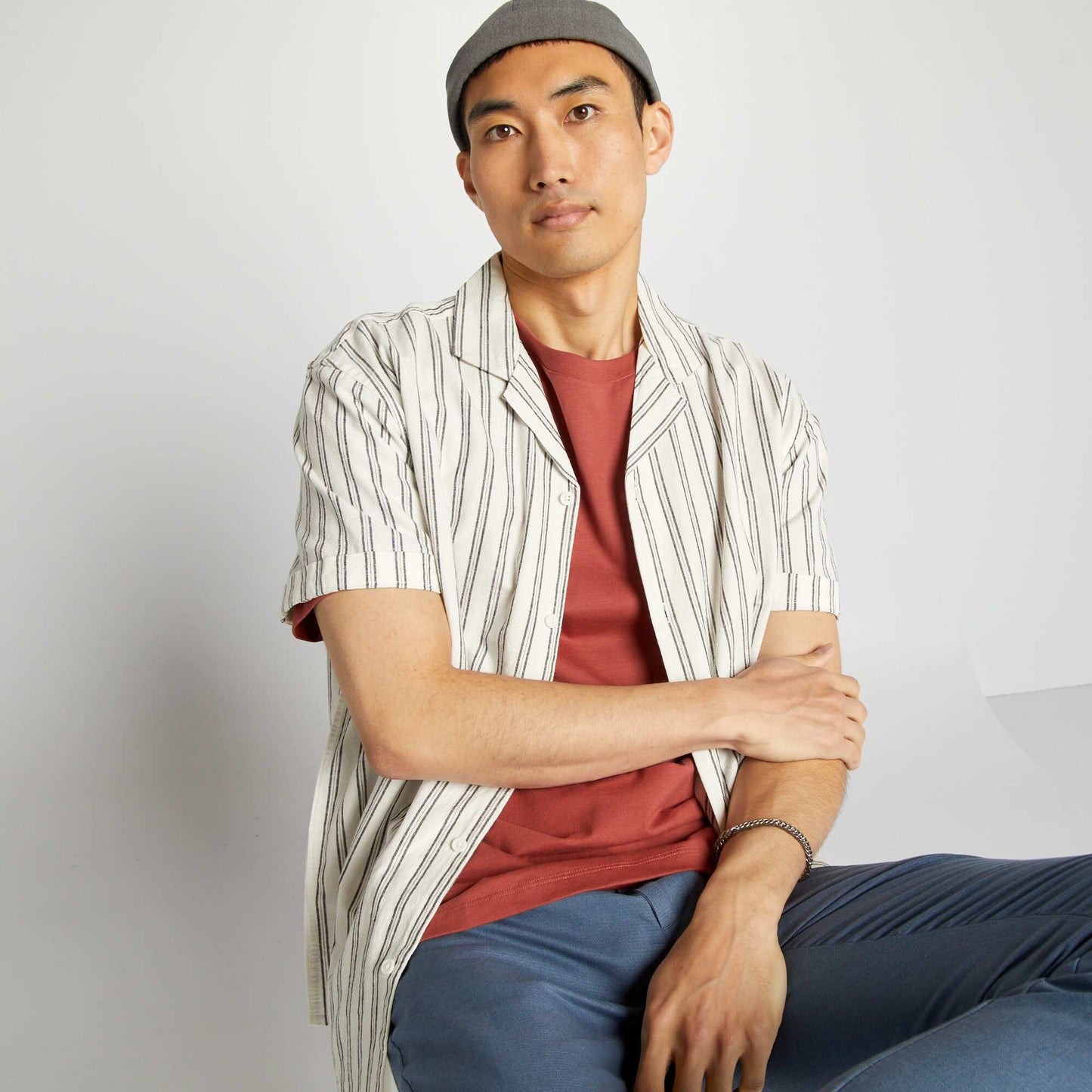 Chemise droite en lin m lang Blanc/noir