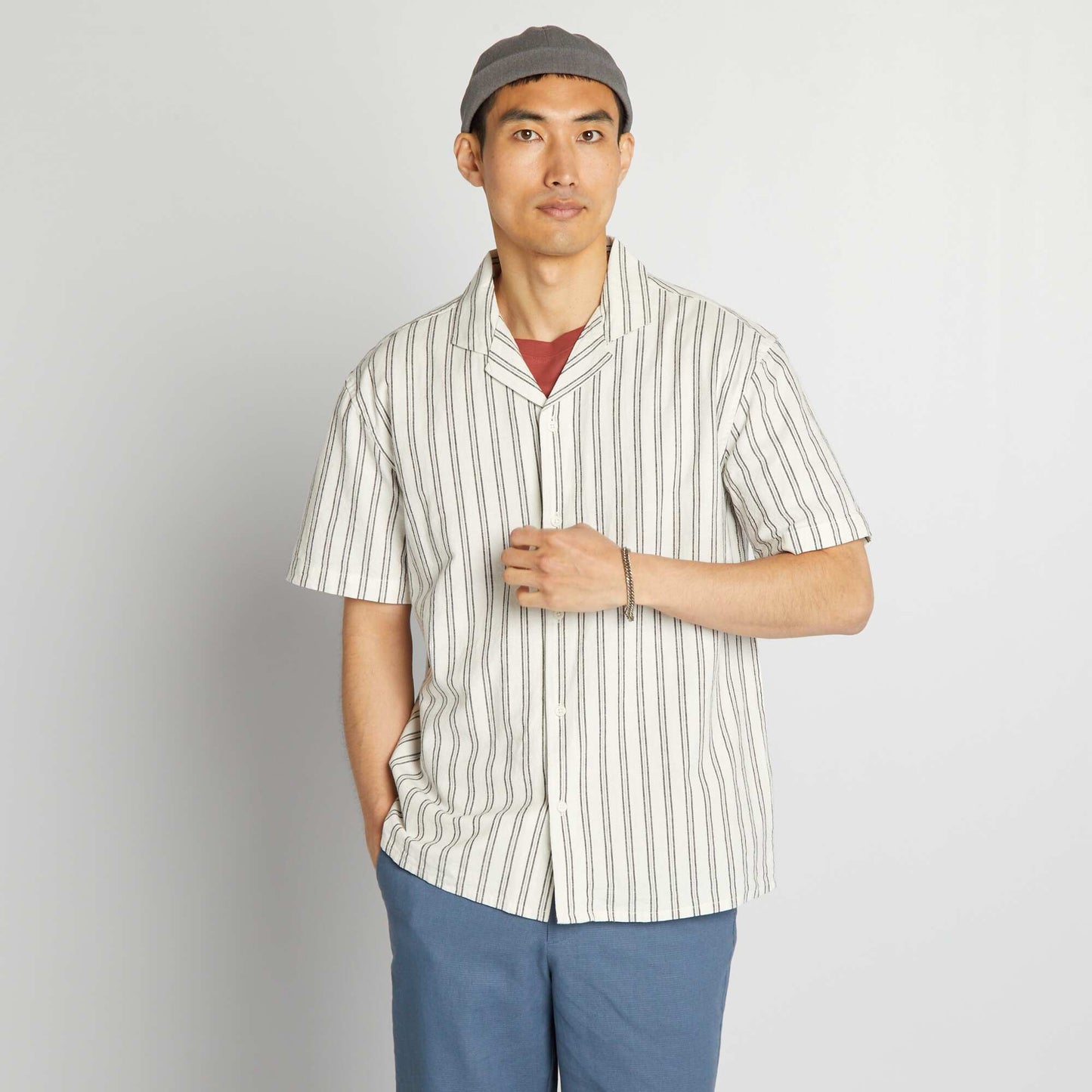 Chemise droite en lin m lang Blanc/noir