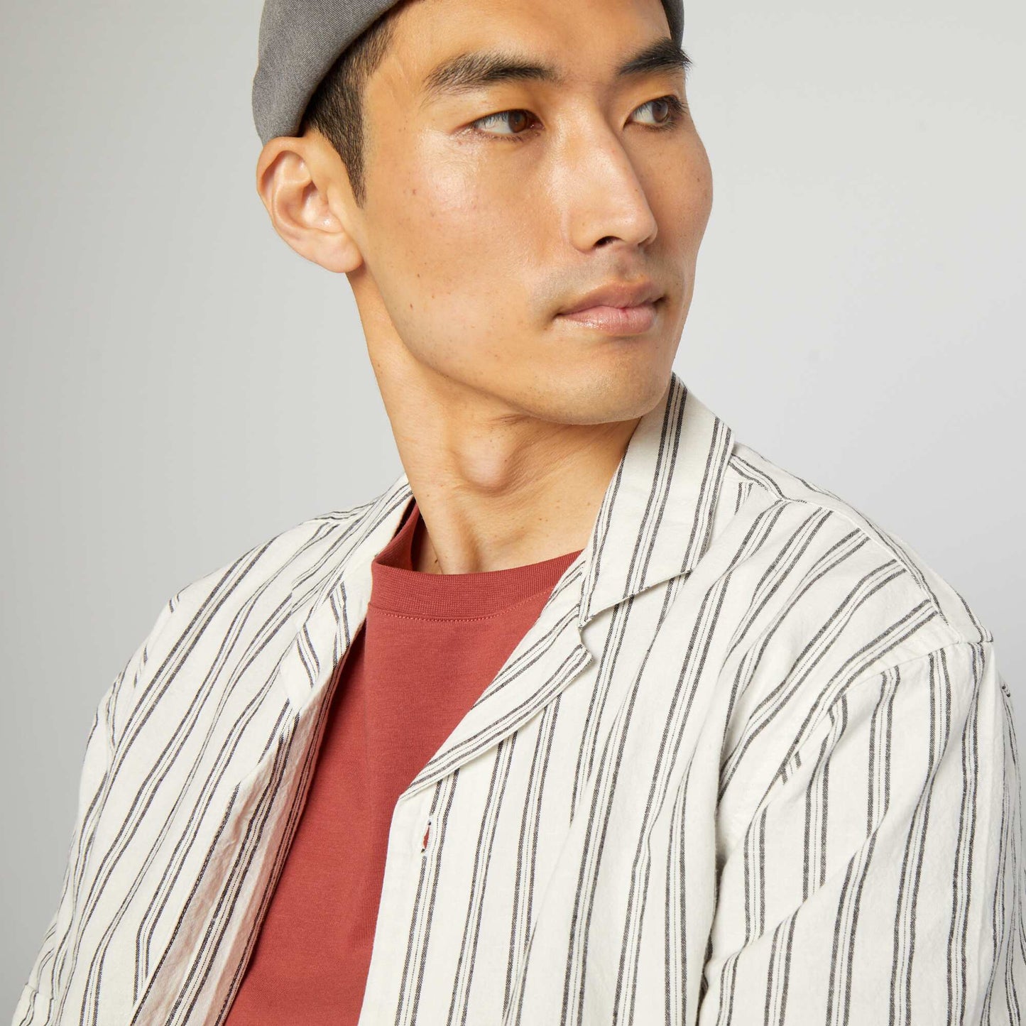 Chemise droite en lin m lang Blanc/noir