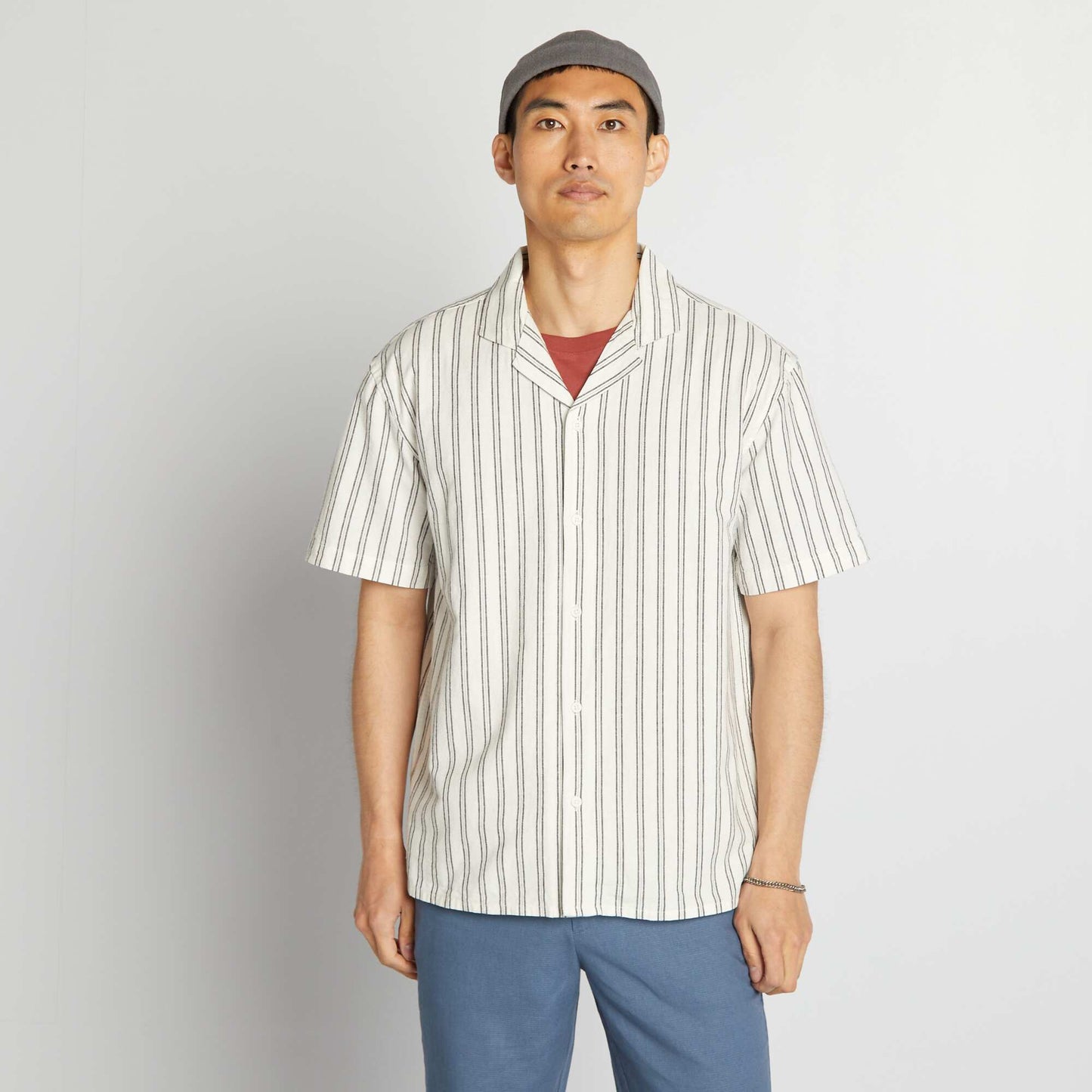 Chemise droite en lin m lang Blanc/noir