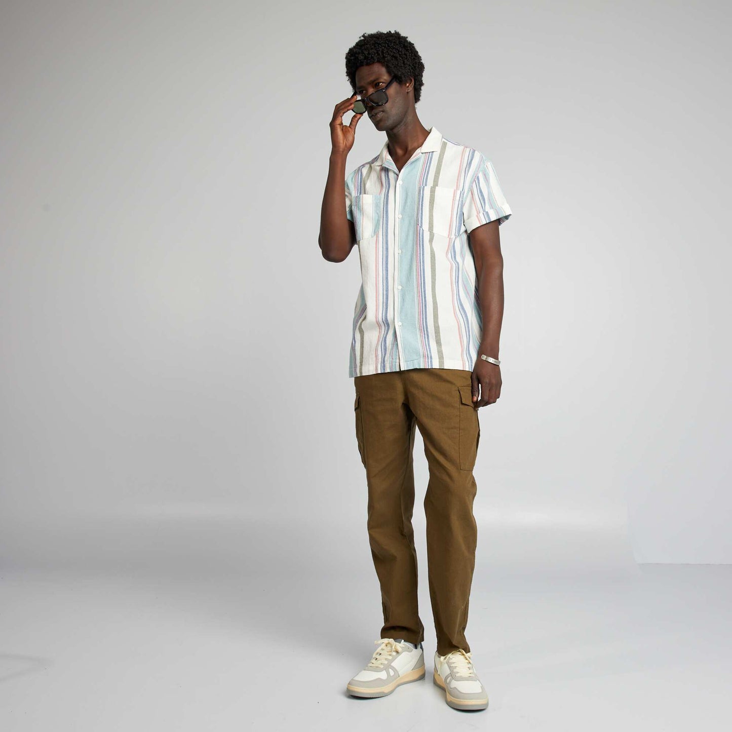 Chemise rayures et manches courtes Kaki/blanc/rouge