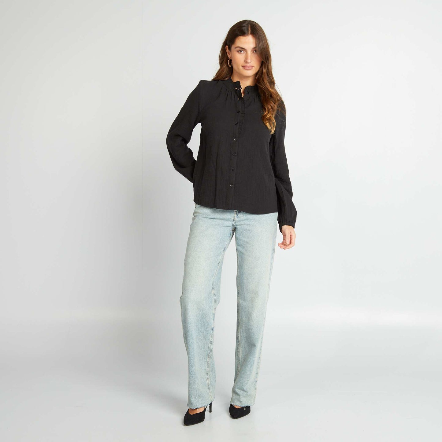 Chemisier volants en double gaze de coton noir