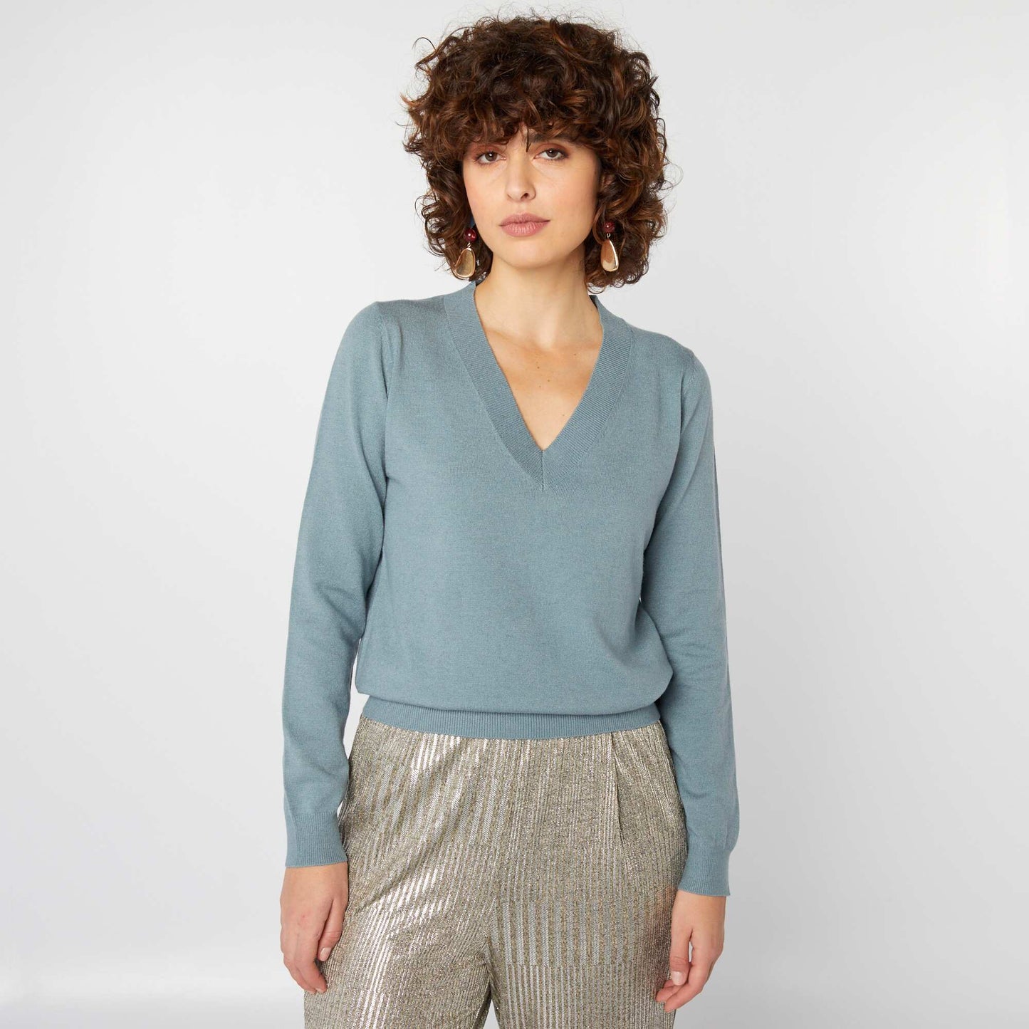 Pull manches longues col V Bleu