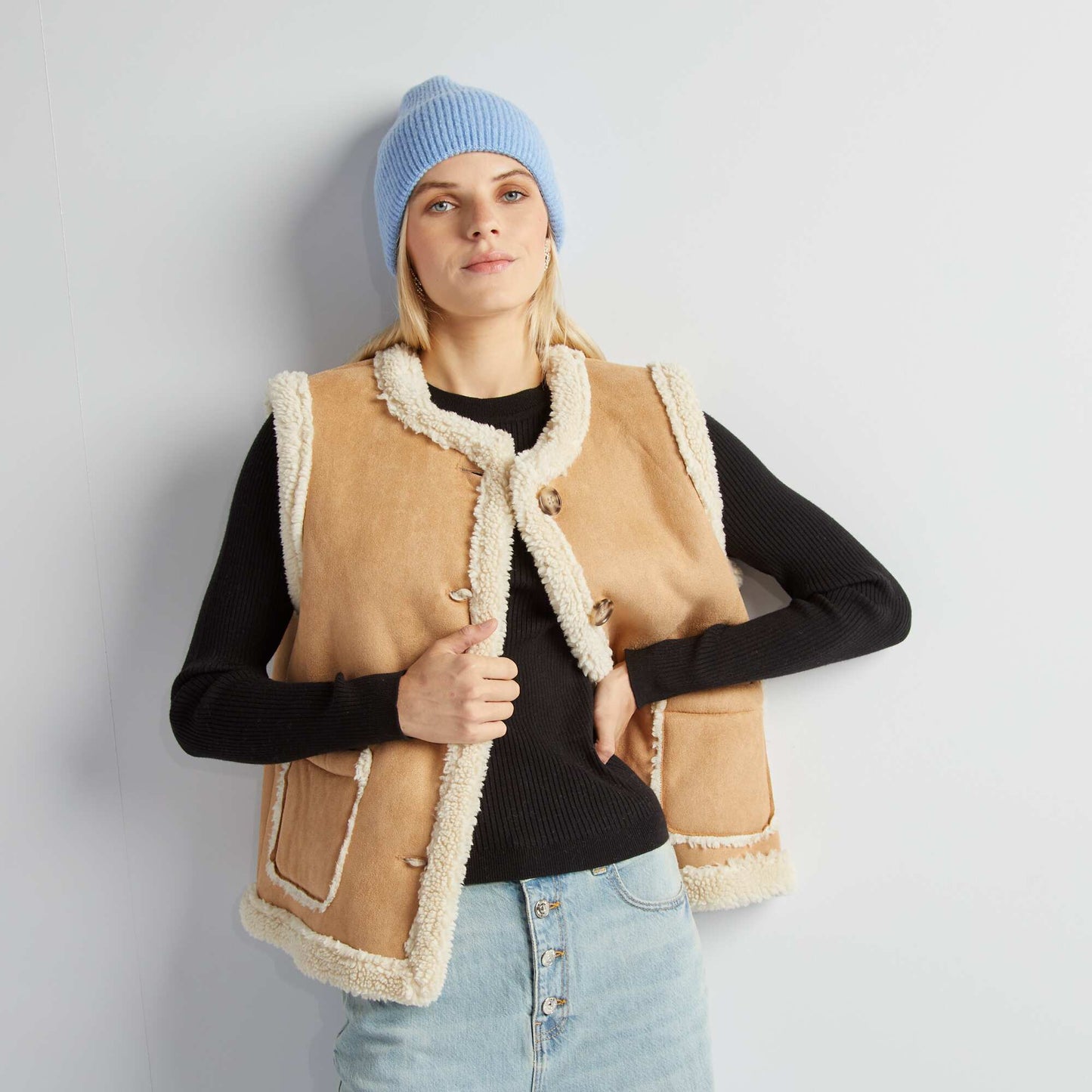 Veste sans manches en su dine et sherpa Beige