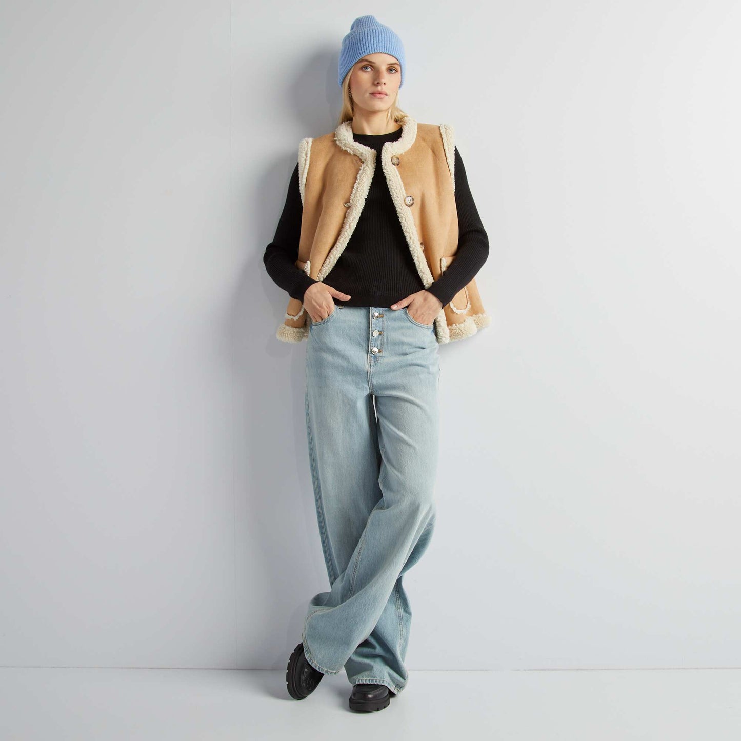 Veste sans manches en su dine et sherpa Beige