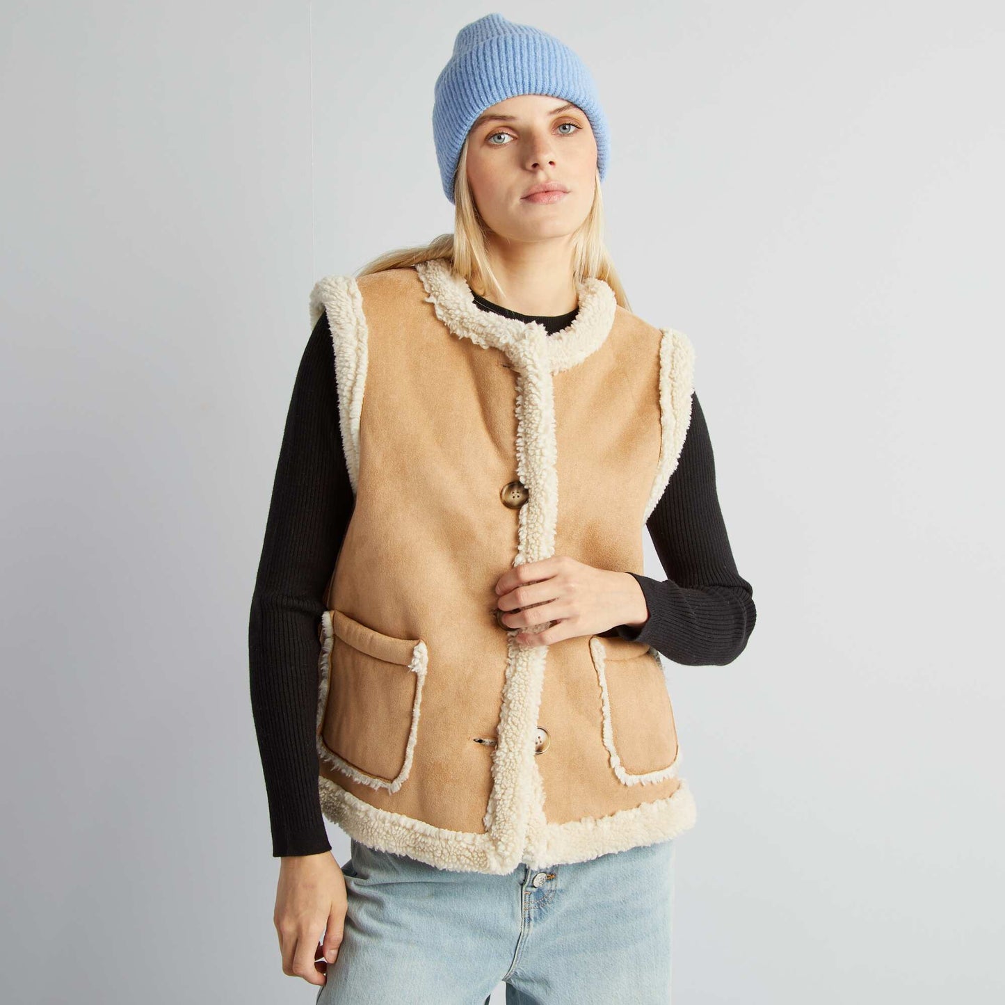Veste sans manches en su dine et sherpa Beige