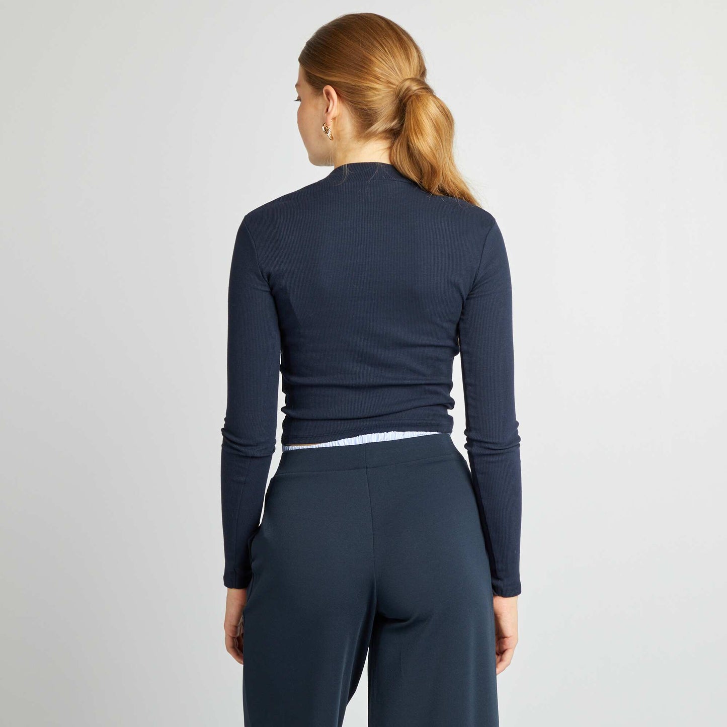 T-shirt côtelé à manches longues bleu marine