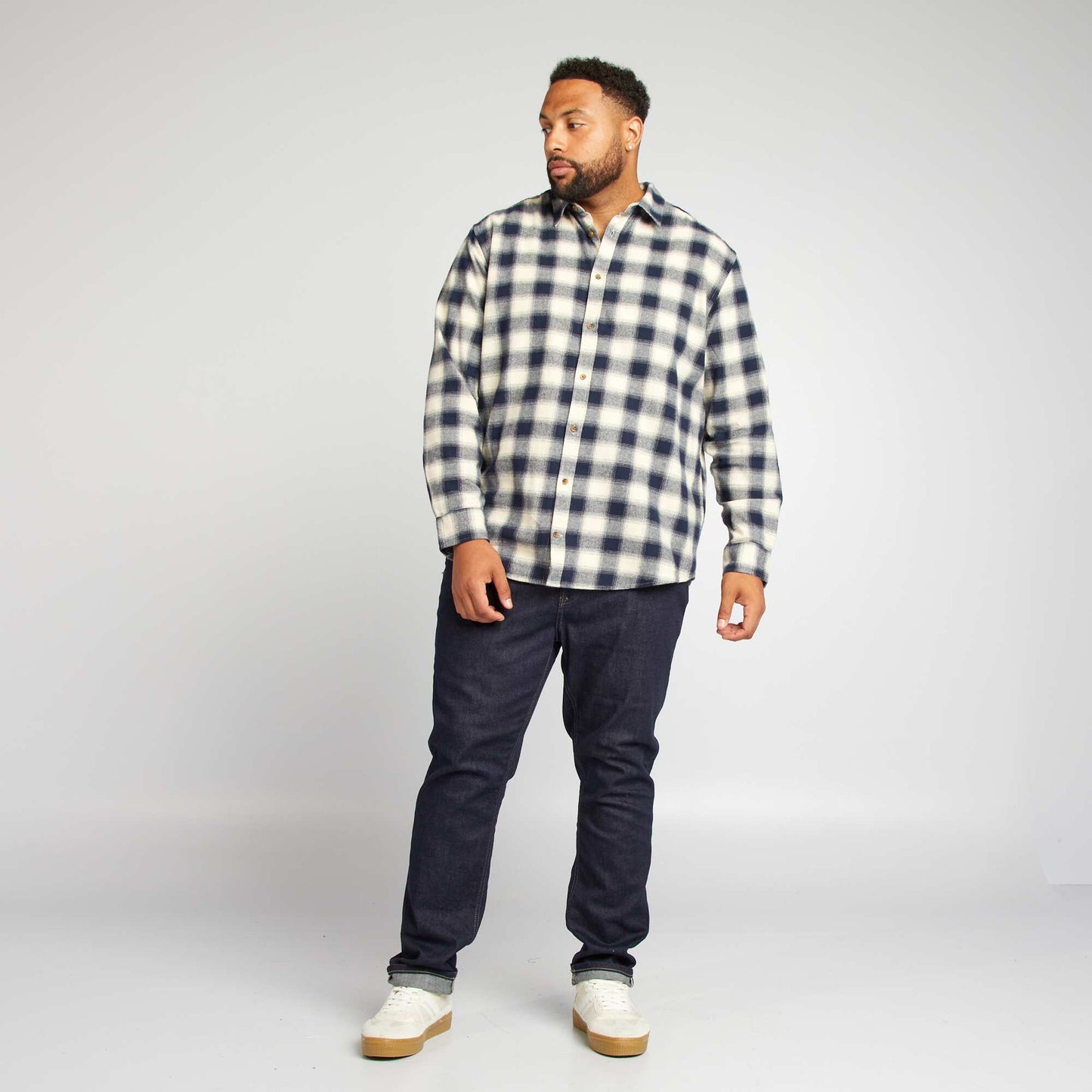 Chemise droite en flanelle carreaux Bleu marine/beige