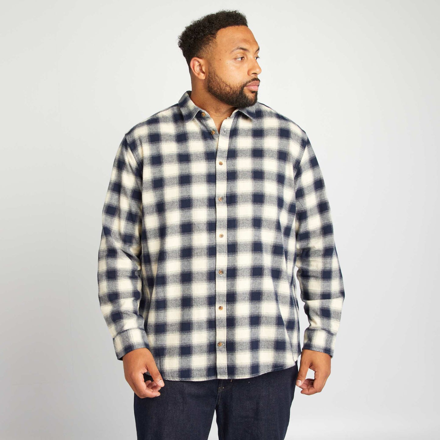 Chemise droite en flanelle carreaux Bleu marine/beige