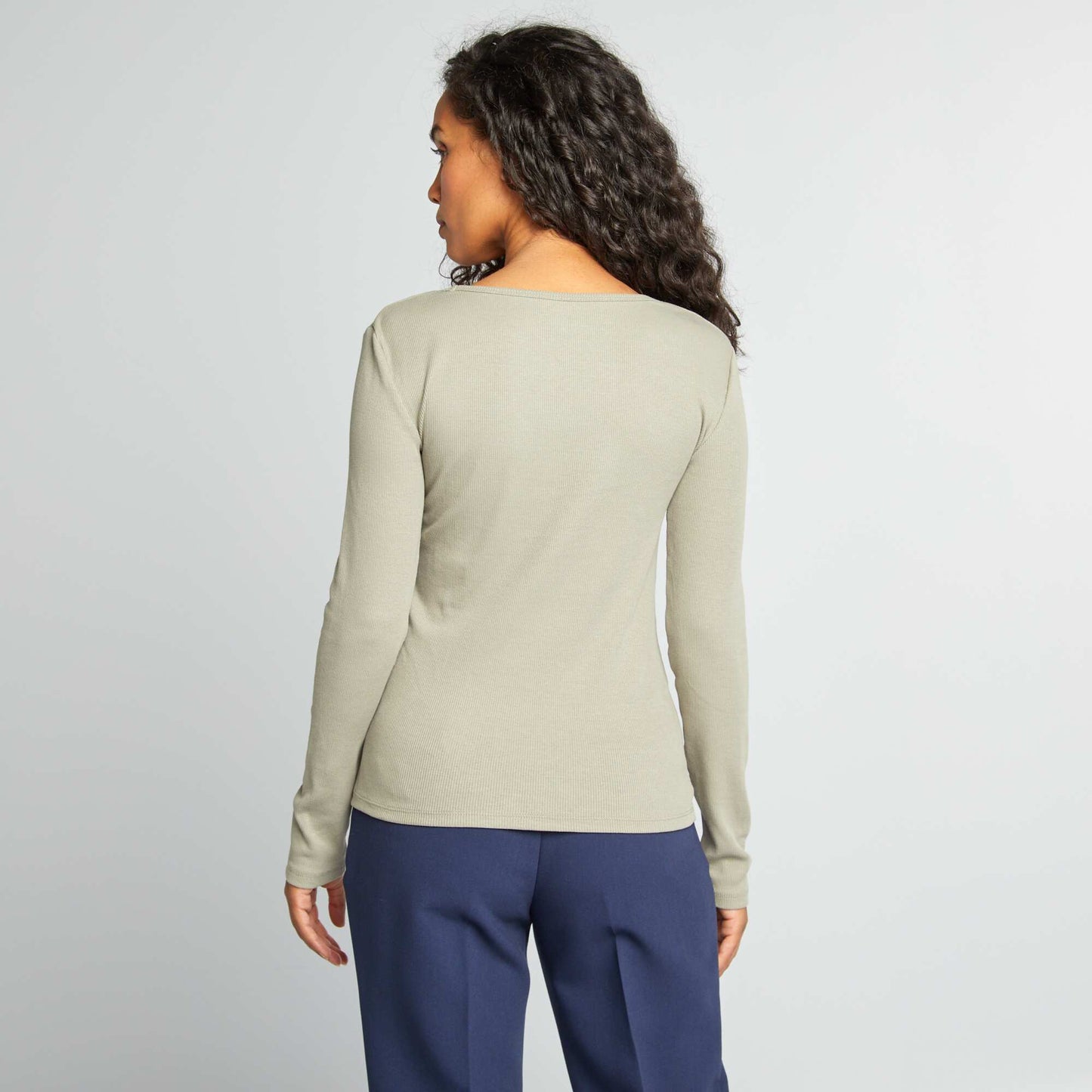 T-shirt côtelé à col rond Vert