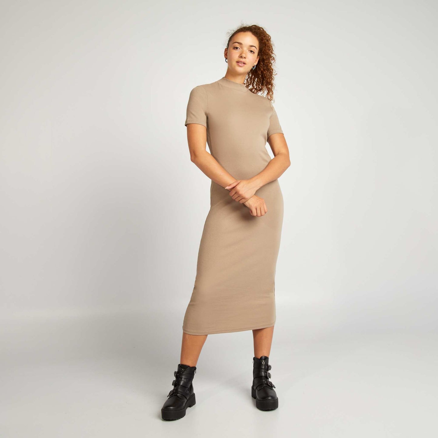 Robe longue unie en coton stretch Beige