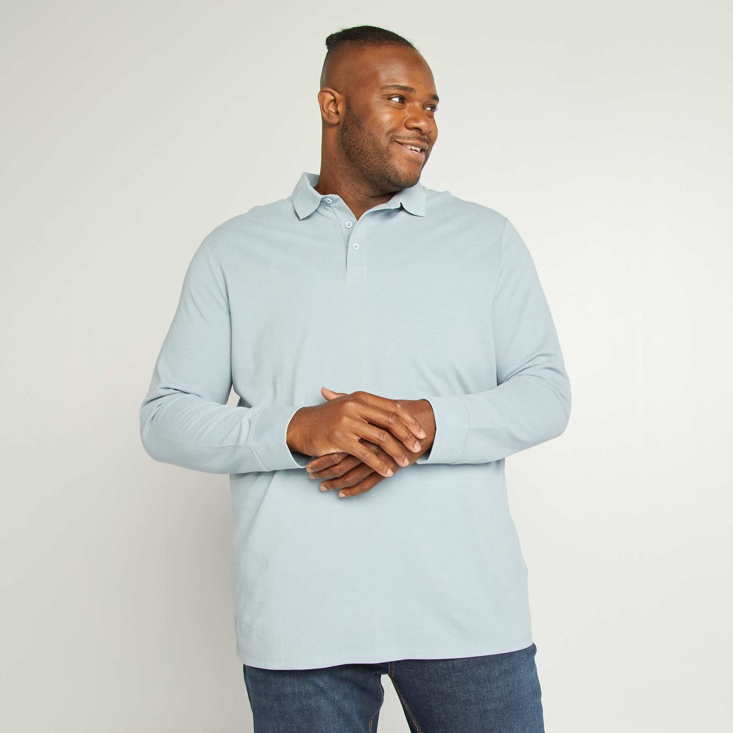 Polo en piqu de coton manches longues Bleu
