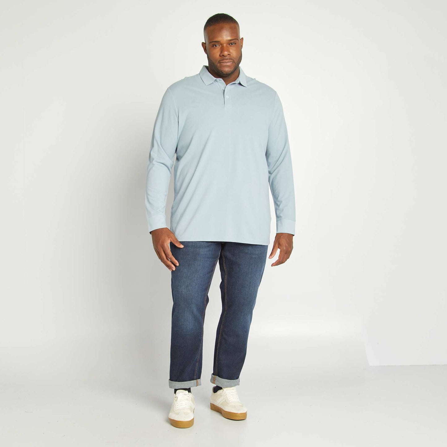 Polo en piqu de coton manches longues Bleu