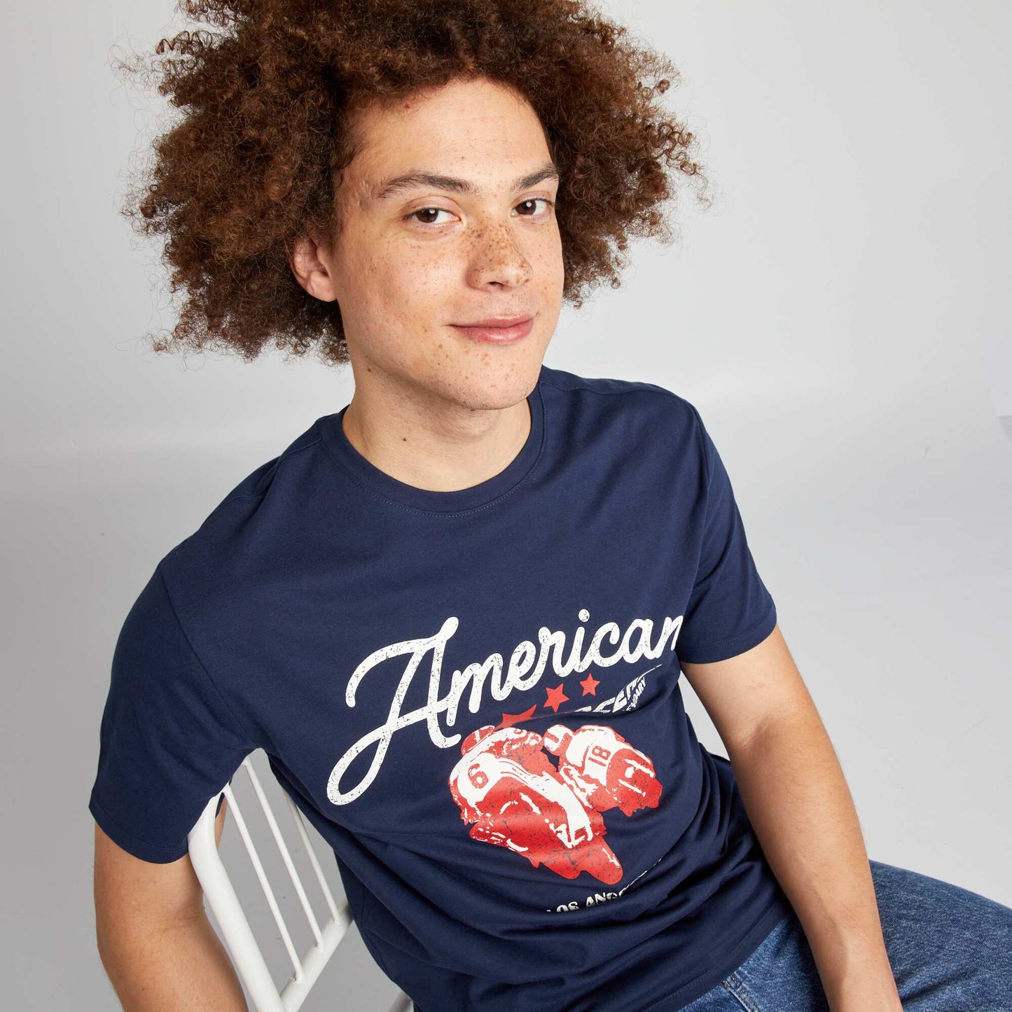 T-shirt en coton coupe droite avec imprim Bleu marine