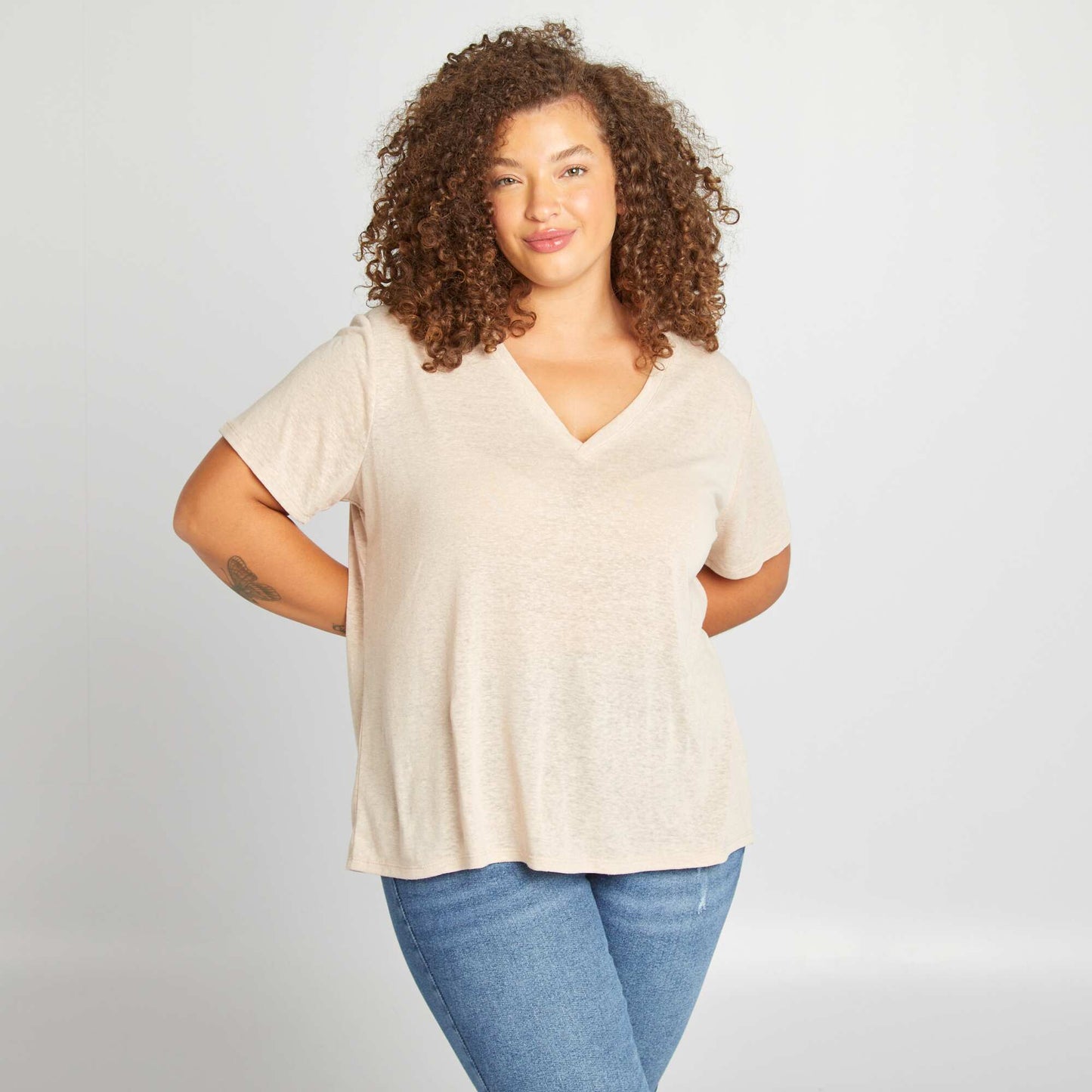 T-shirt col V en lin m lang Beige