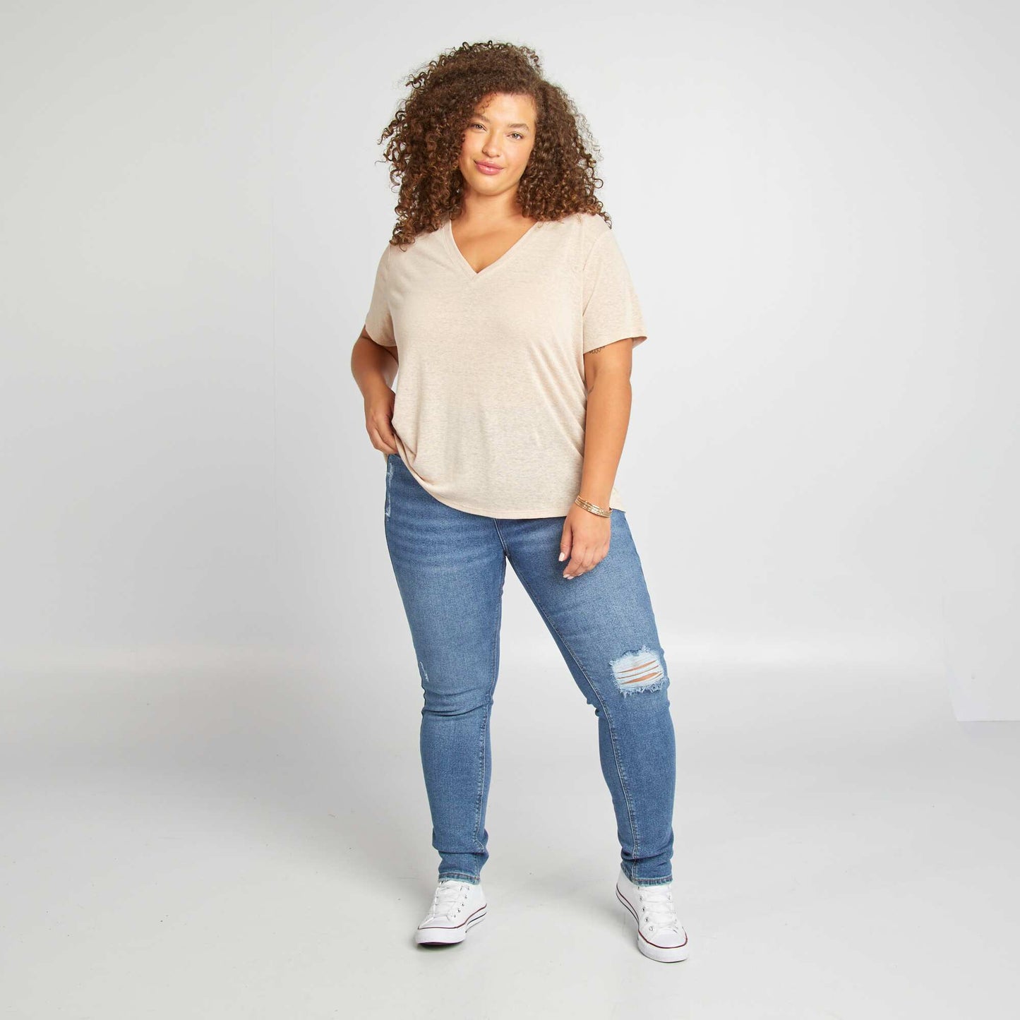 T-shirt col V en lin m lang Beige