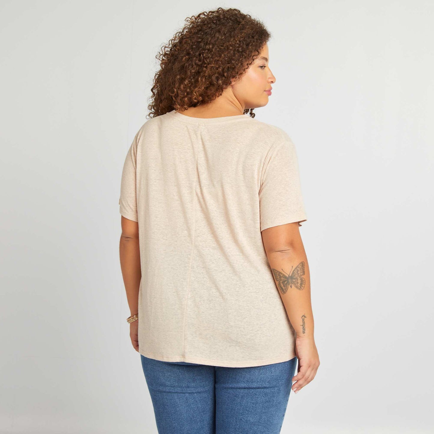 T-shirt col V en lin m lang Beige