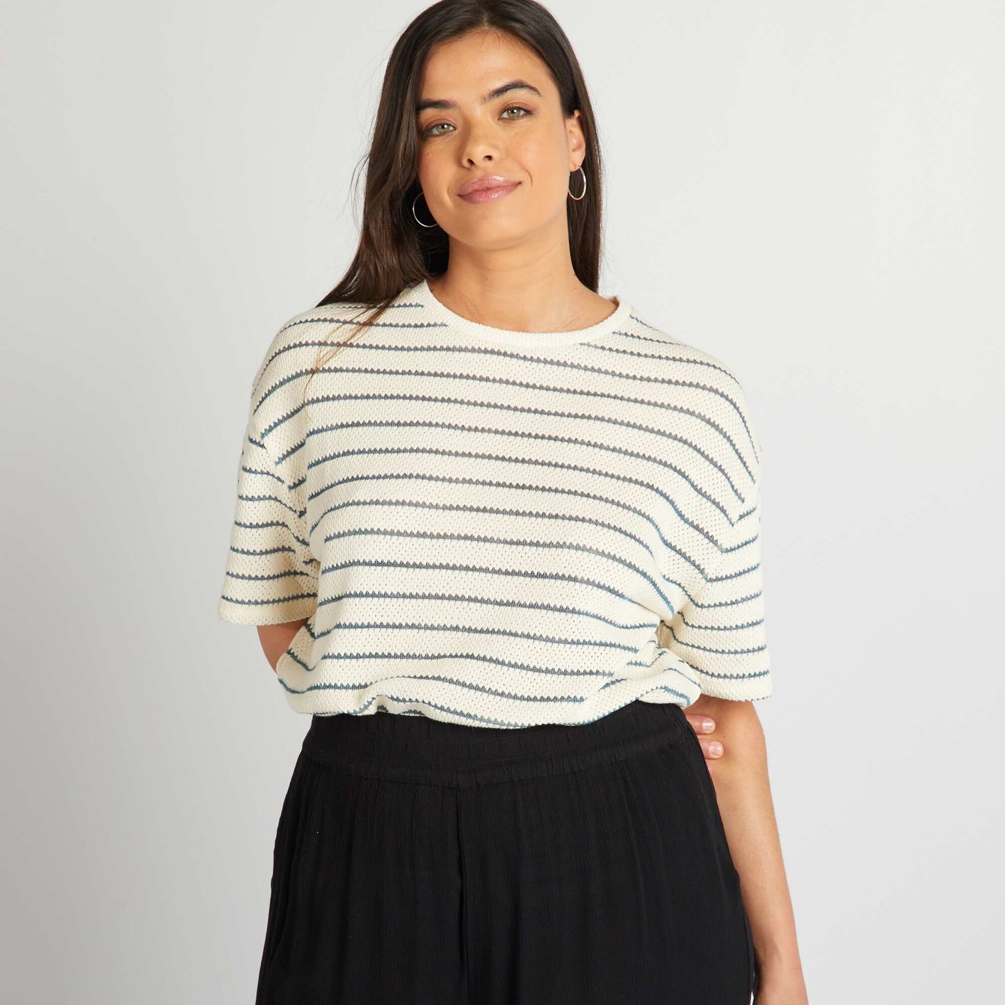 T-shirt en maille pointelle rayures Beige/bleu