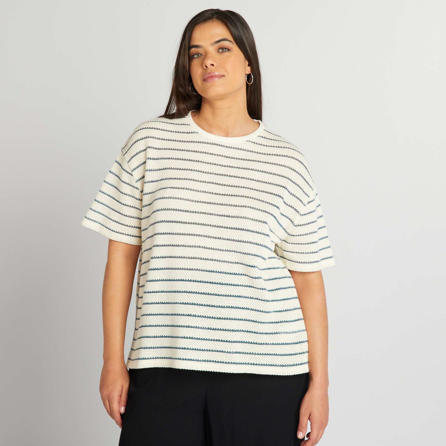 T-shirt en maille pointelle rayures Beige/bleu