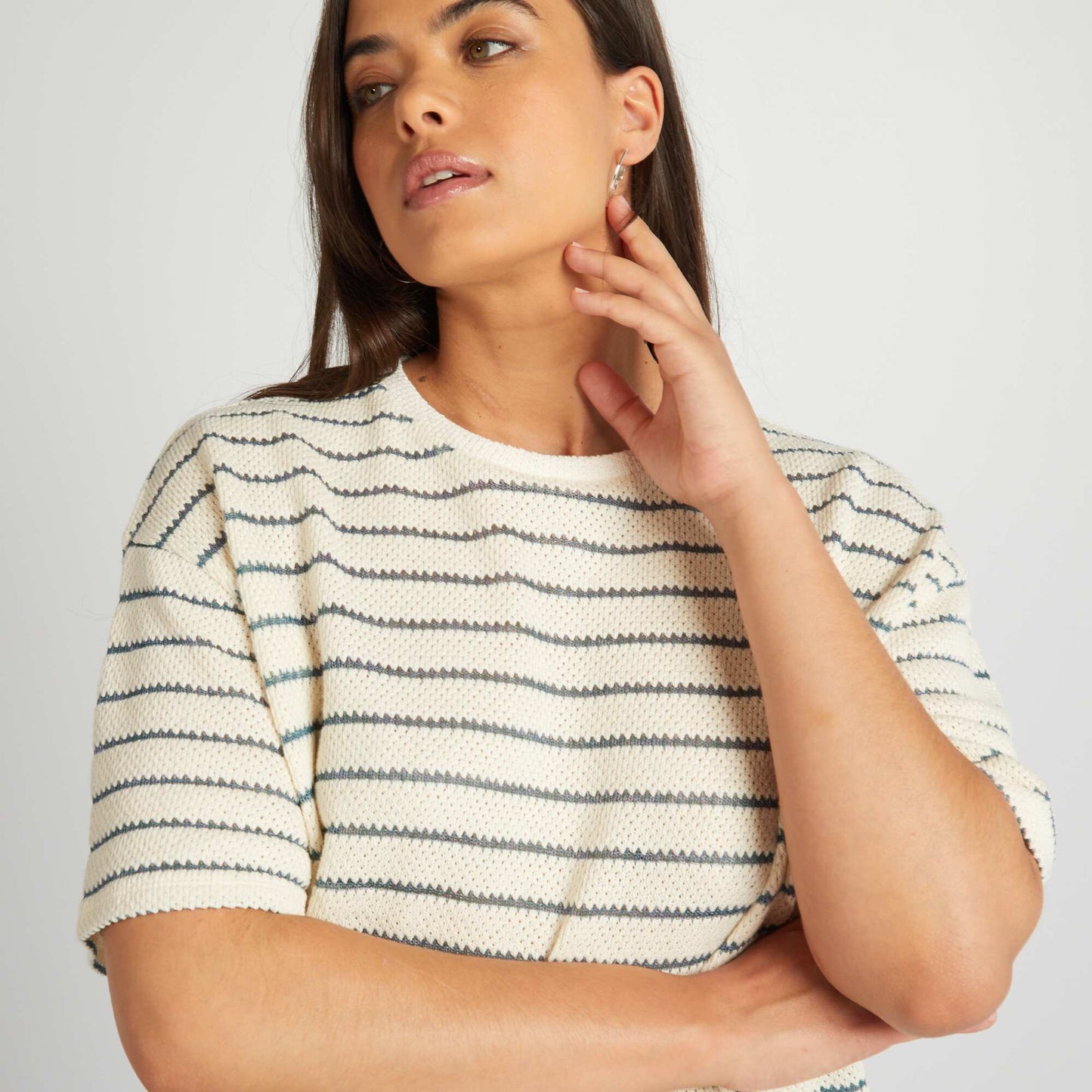 T-shirt en maille pointelle rayures Beige/bleu
